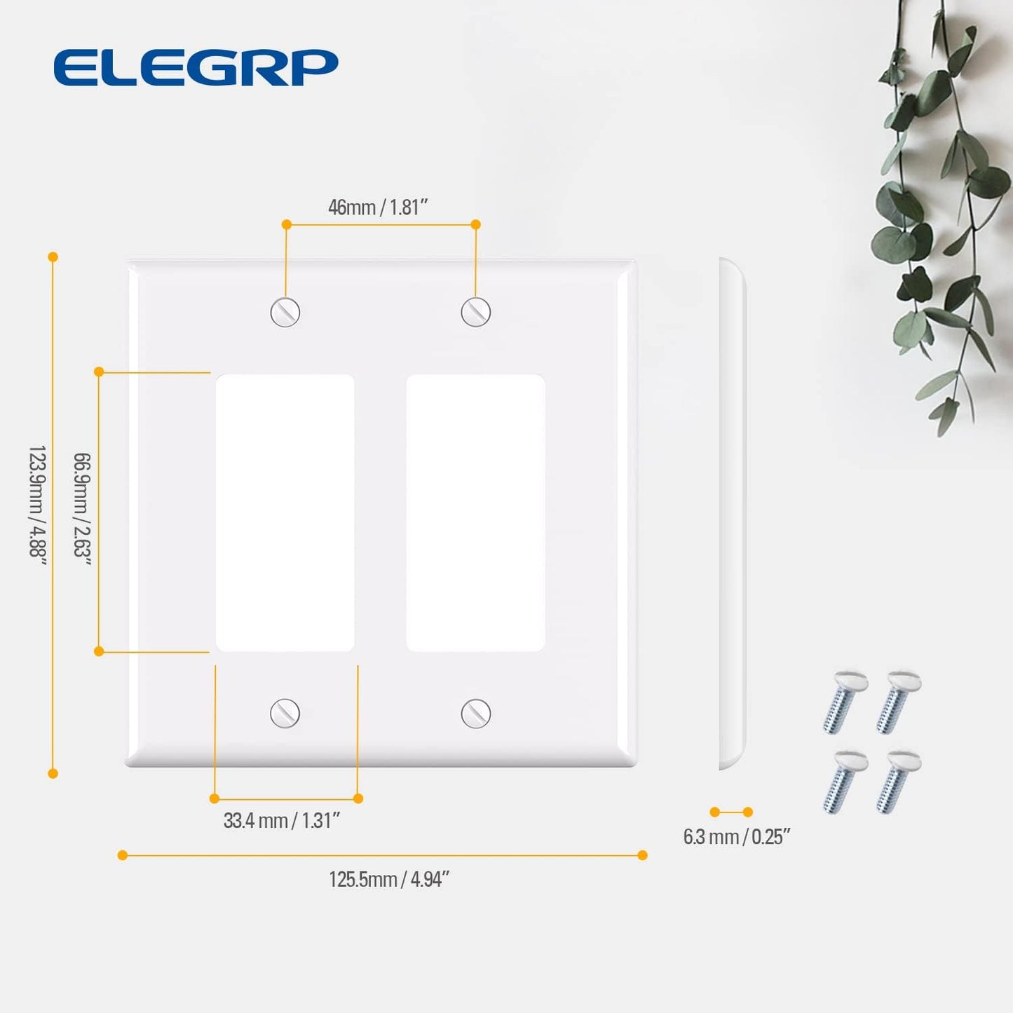 ELEGRP 2-Gang Decorative Wall Plates, Mid-Size 4.88" H x 4.94" L Unbreakable Thermoplastic Faceplate Cover for Decorator Receptacle Outlet Switch, UL Listed (5 Pack, Glossy White)