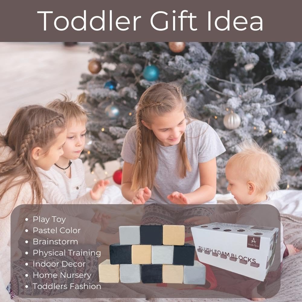 Wonder Space Plush Foam Blocks - Nursery Building & Stacking Toys for Toddlers Boys & Girls, Soft Smooth Velvet Cover, Early Education Gross Motor Skills & Brain Development (12 Cubes, Castle Rock)