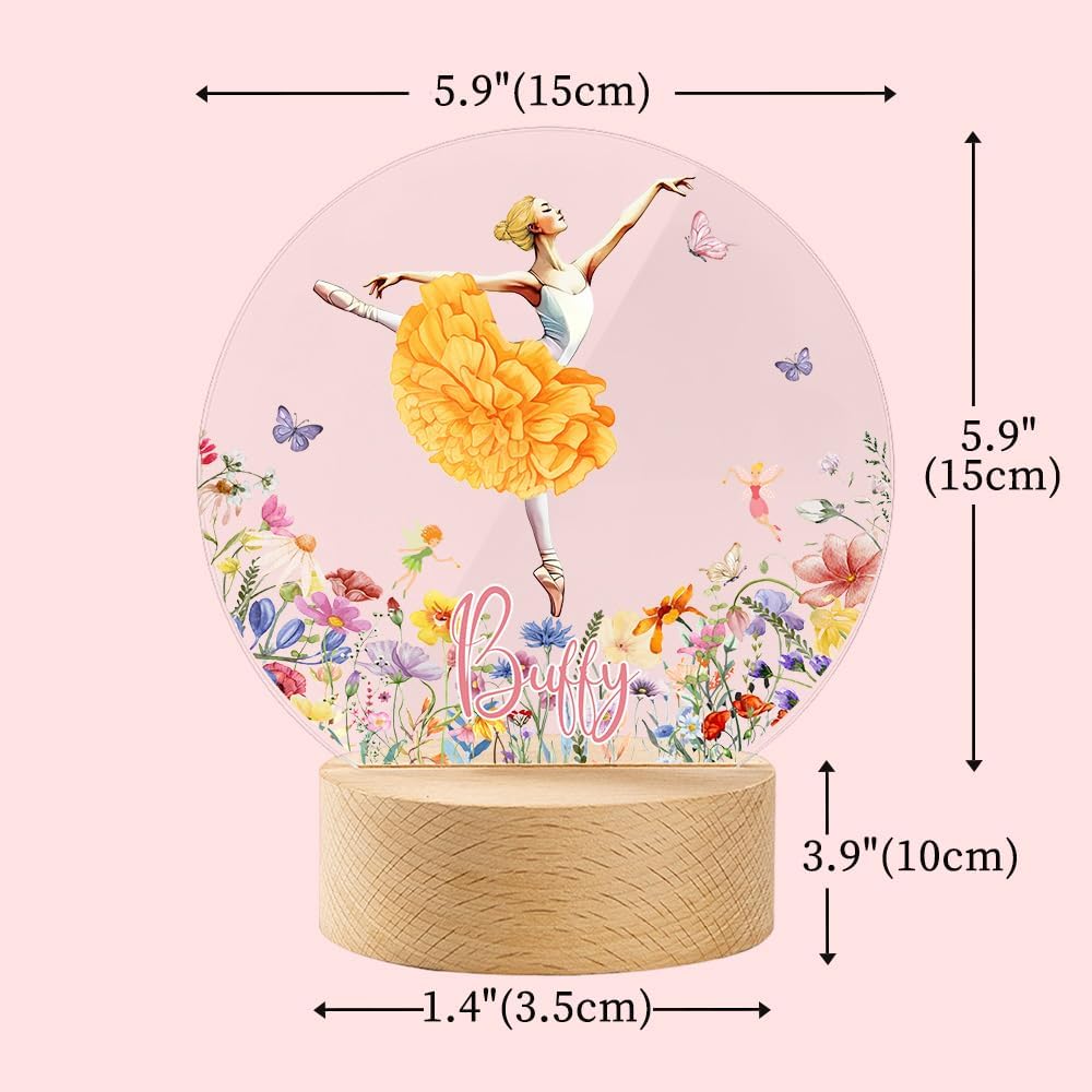 callie Acrylic Night Light Name Plate Personalized, Custom Cute Fox Deer Turtle Forest Animal with Wooden Base Bedroom Decor, Birthday Gifts Kid Gifts for Family (Beautiful Ballet Girl)