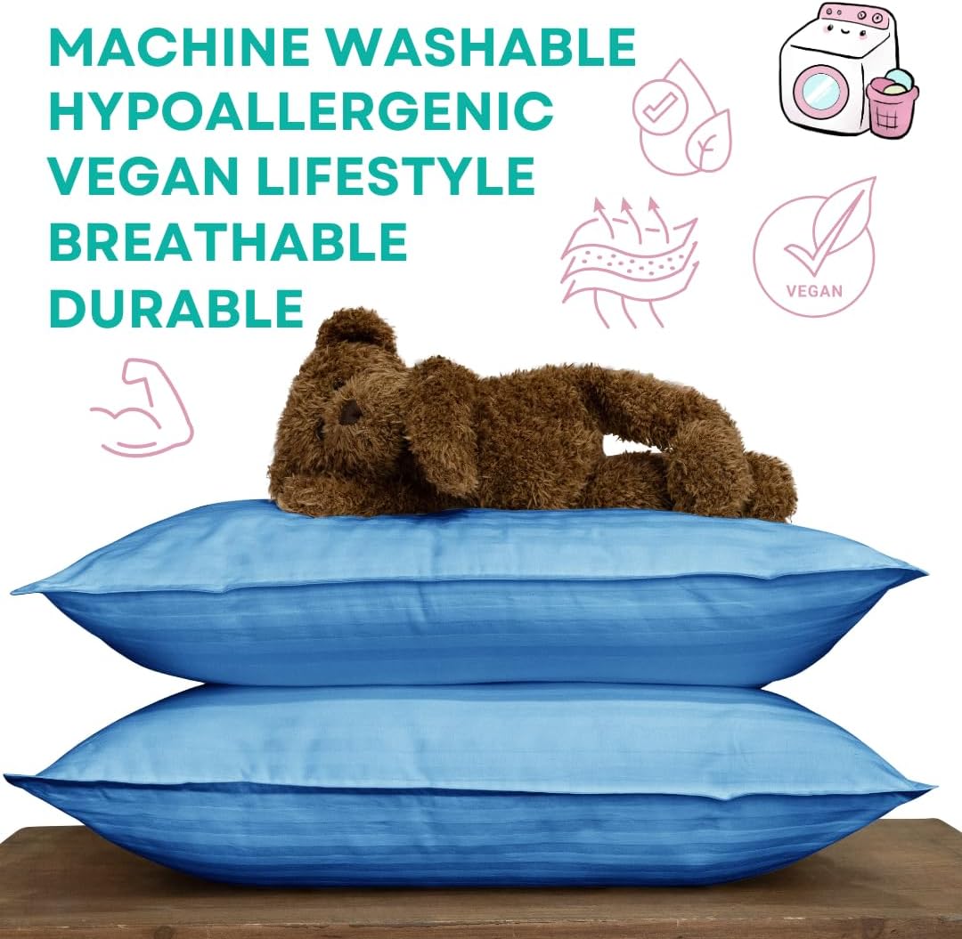 kinder Fluff Toddler Pillow (2-Pack) – The Only 300TC Soft Cotton Pillow with Down Alternative Fill – Hypoallergenic, Machine Washable & Perfect for Kids 2+ Years (13x18in, Blue)