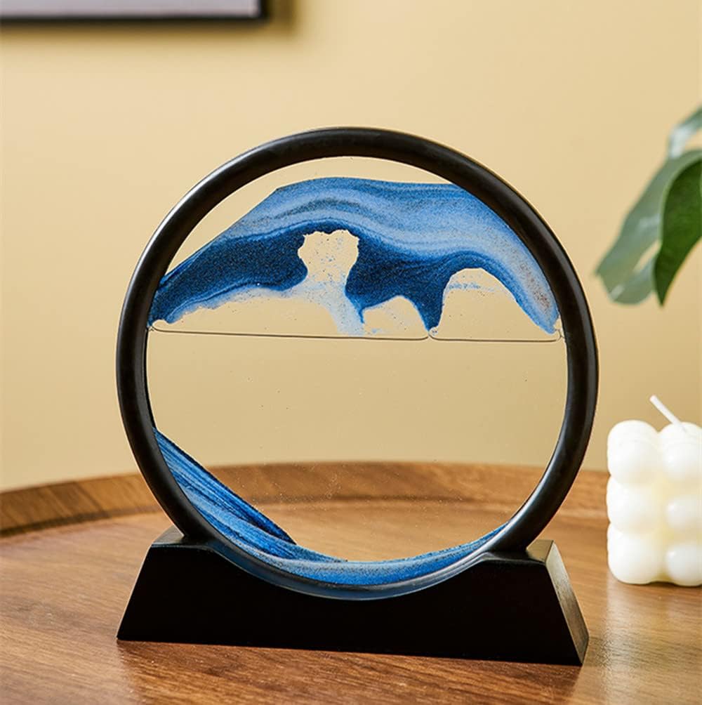 Moving Sand Art Picture in Motion Round Glass 3D Deep Sea Landscape, Calming Fidget Dynamic Sand Art Sandscapes, Sensory Relaxing Desktop Decor Art(7 inch, Blue)