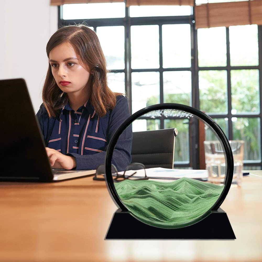 Aoderun Moving Sand Art Picture Round Glass 3D Deep Sea Sandscape in Motion Display Flowing Sand Frame Relaxing Desktop Home Office Work Decor (12", Green)