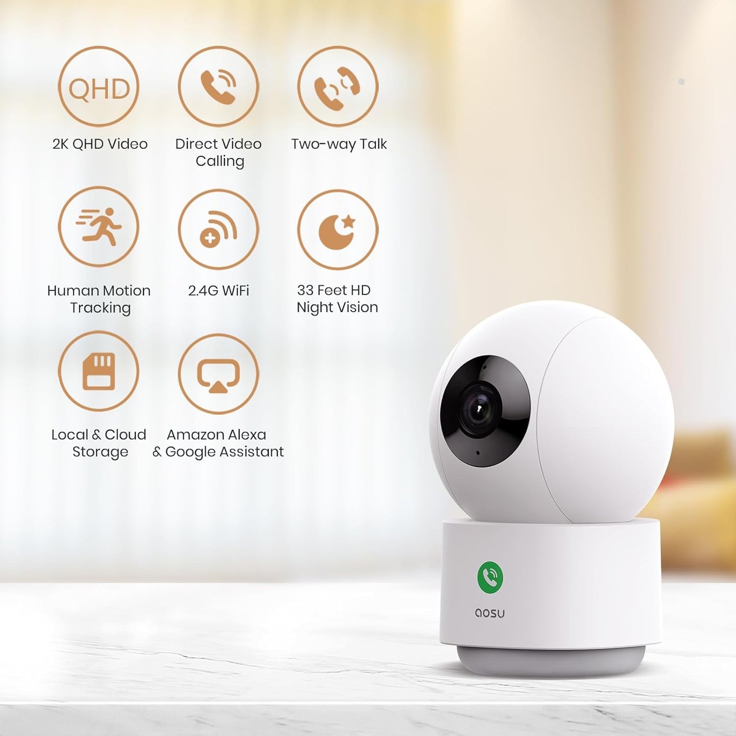 AOSU 2K Security Camera Indoor, Baby Monitor Pet Camera 360-Degree for Home Security with 2.4 GHz Wi-Fi Router, One-Touch Call, Smart Motion Tracking, IR Night Vision, Compatible with Alexa