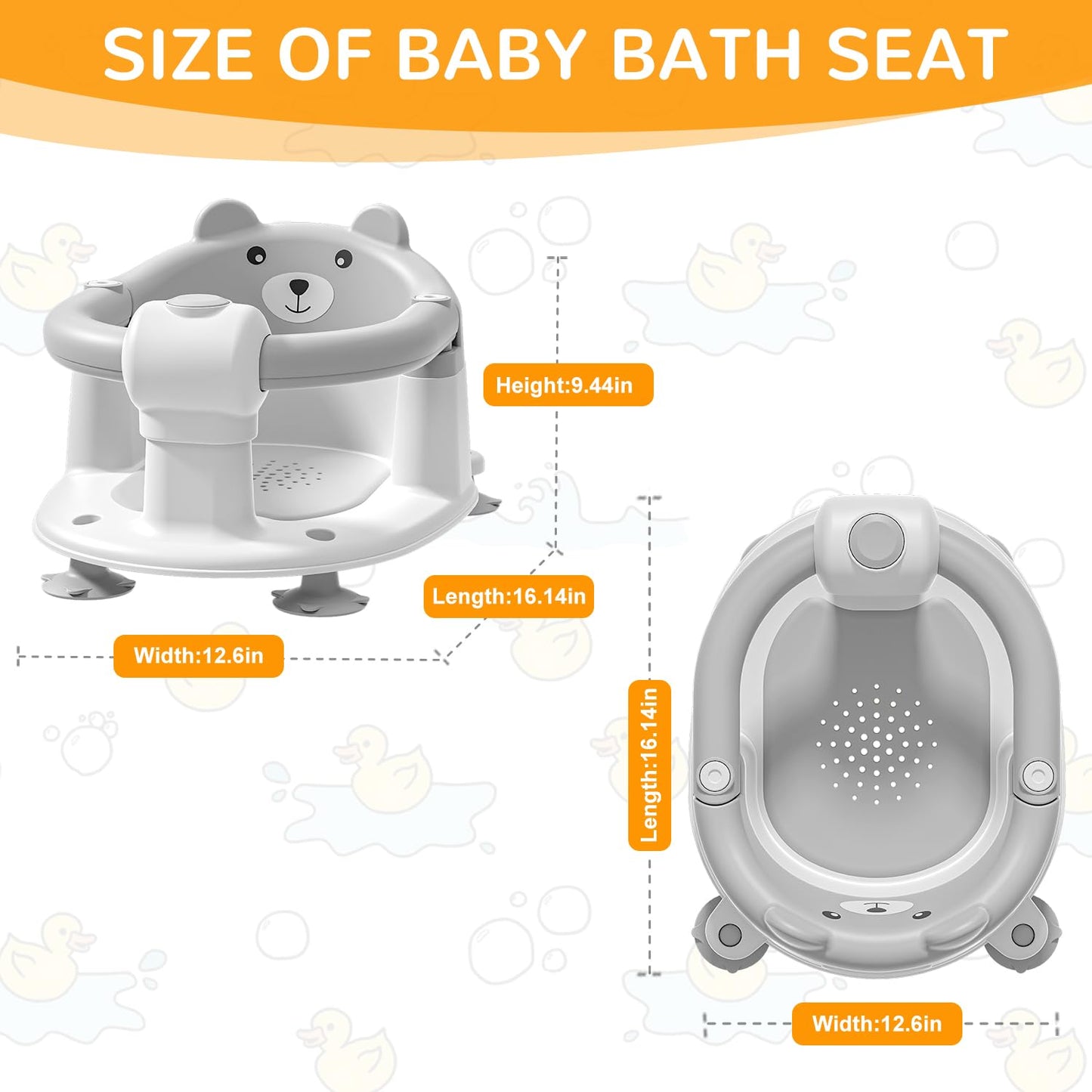 Baby Bath Seat for Babies 6 Months & up, Non-Slip Toddler Bath Seats for Babies Sitting Up, Safe Infant & Newborn Bathtub Chair with 4 Suction Cups & Soft Cushion for Shower,Gray