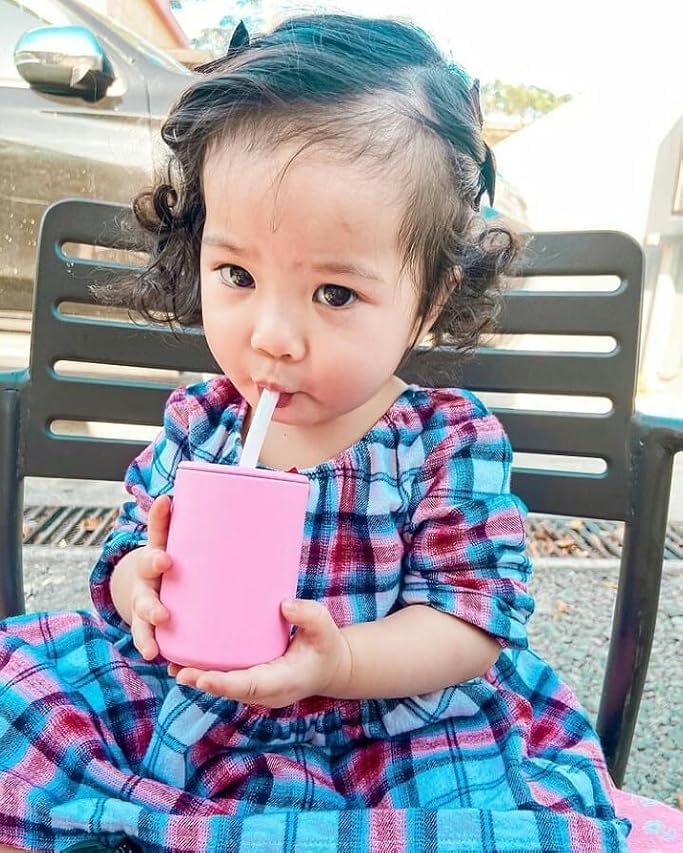 Avanchy Silicone Training Sippy Cup with Straw Lid – For Babies 6+ Months to Toddlers 1 Year Old – 8 oz Infant Water Cup for Baby Led Weaning, Yellow + 5 Reusable Straws