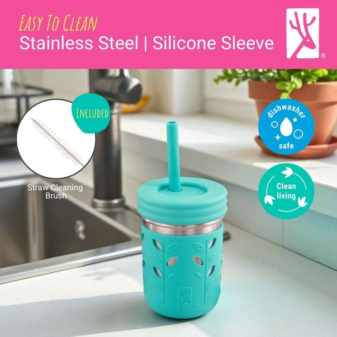 Elk and Friends 10oz Stainless Steel Kids + Toddler Drinking Cups | The Original Mason Jars with Lids + Sleeves + Straws | Smoothie Cups | Spill Resistant | Dishwasher Safe | 4 Pack