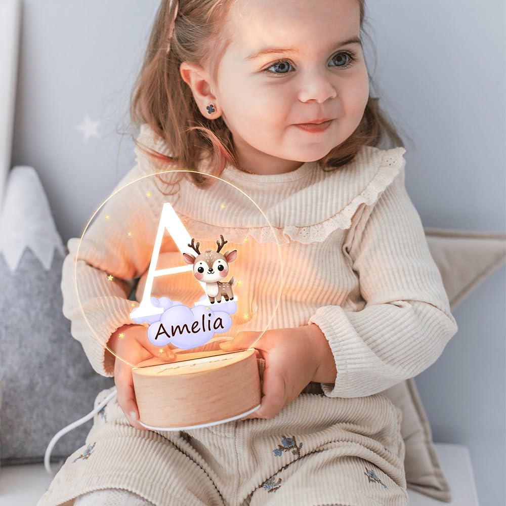 Personalized LED Night Light - Star Cloud Forest Animal Theme with Wooden Base