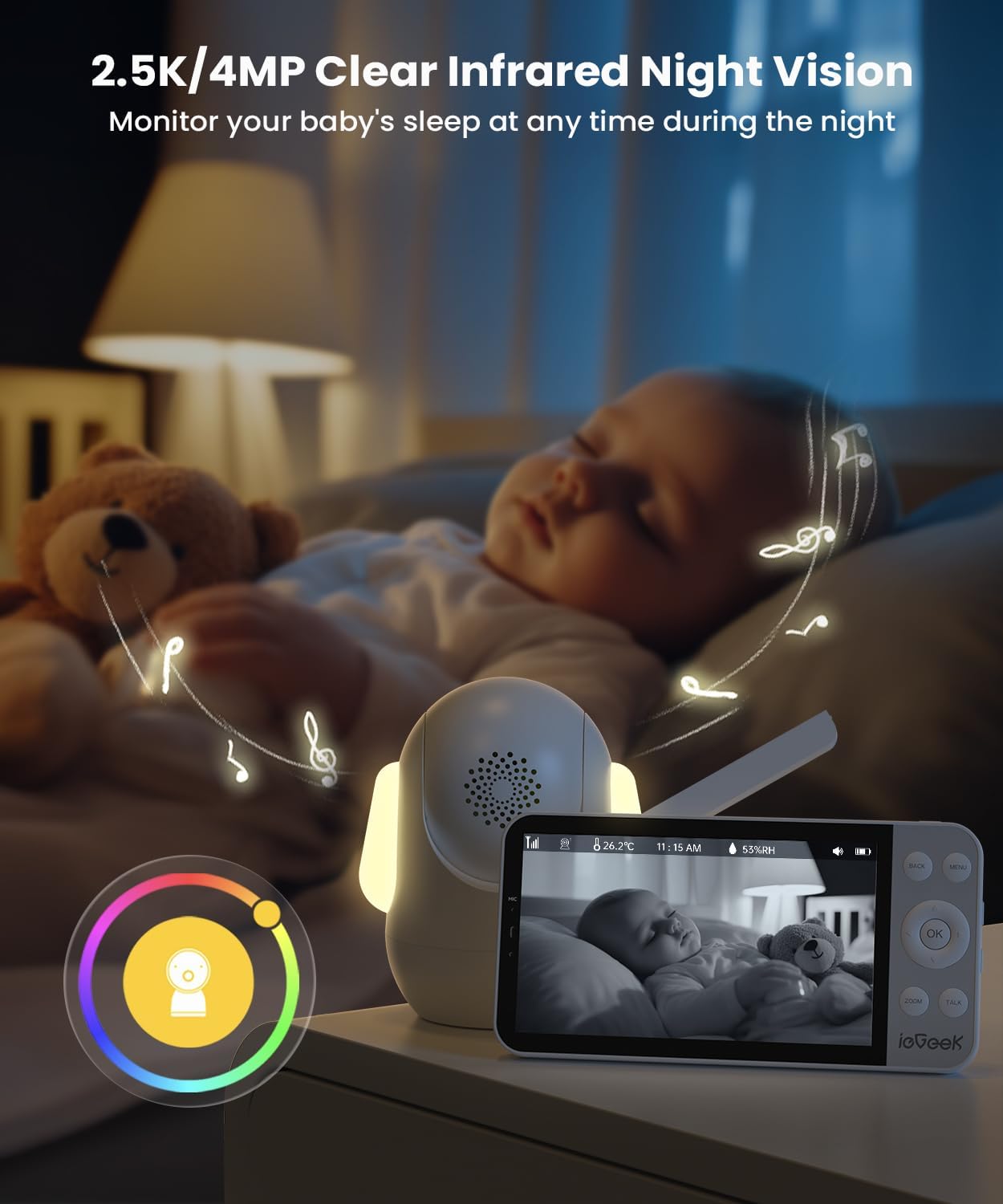 ieGeek 5.5โโ Split-Screen Baby Monitor,2.5K UHD Baby Monitor with 2 Cameras and Audio,Night Light,Prone Sleeping&Cry Detection,Two-Way Talk,Night Vision,2.4G&5Ghz WiFi App Control,4000mAh Battery