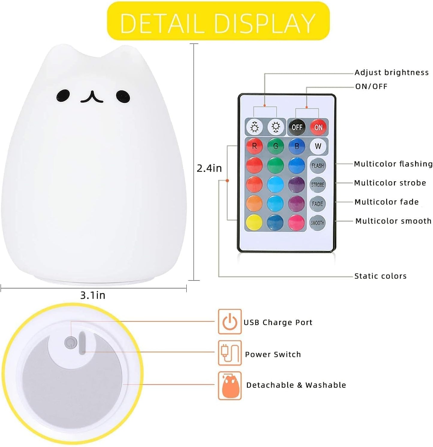 ZKLiLi Cat Night Light, Cute Nursery Lights USB Rechargeable Cat Lamp Nightlight Birthday Christmas Gift with Warm White and 7-Color Breathing Modes for Kids Baby Children (Remote Control)