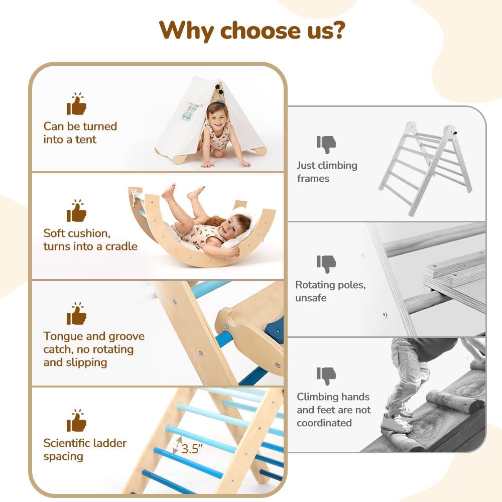Pikler Triangle Set with Cushion, 8-in-1 Toddler Climbing Toys Indoor, Wooden Montessori Climbing Set with Arch Ramp,Ladder&Tent Cloth, Baby Indoor Climber Jungle Gyms for Toddlers Toy, Blue