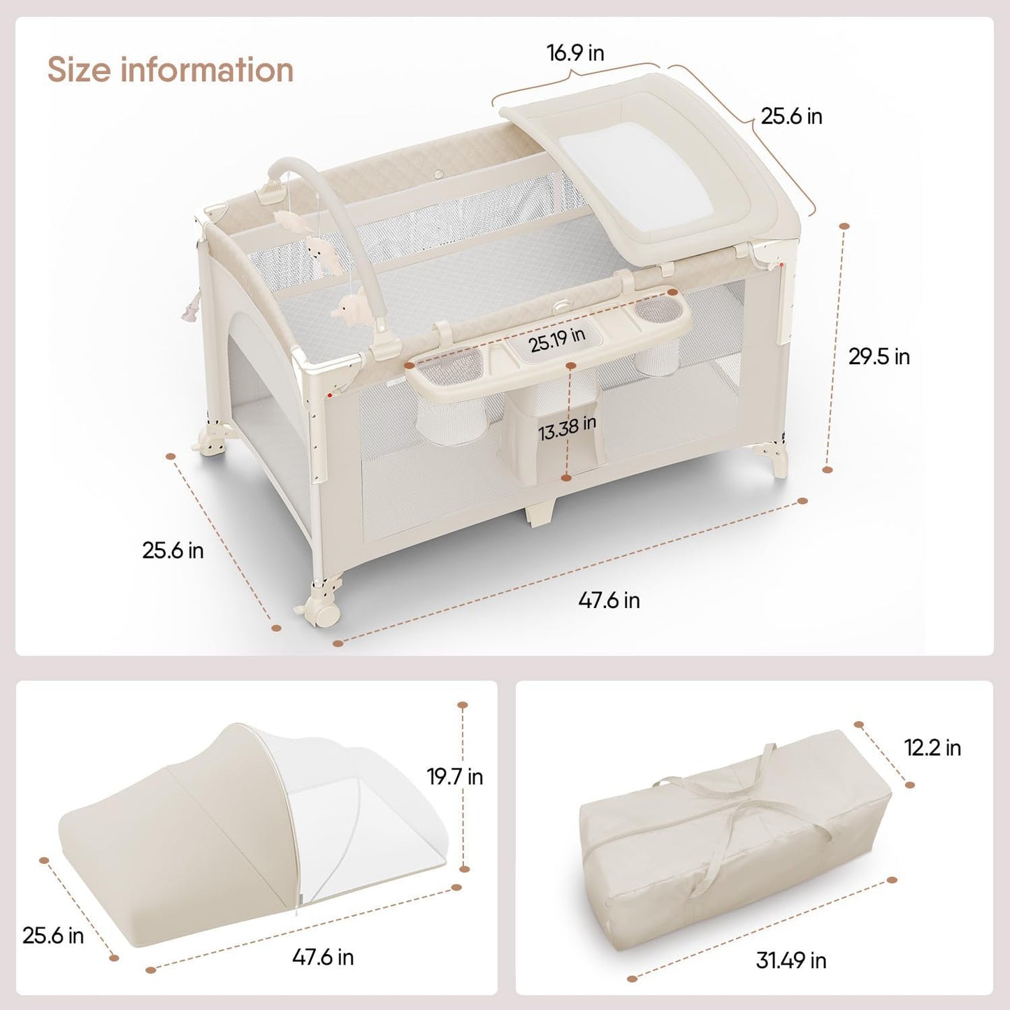 4 in 1 Baby Bassinet, Pack and Play, Bedside Crib Sleeper, Diaper Changer - Comes with Mattress, Mosquito Net,Bottom Storage and Toy Bar for Newborn to Toddles