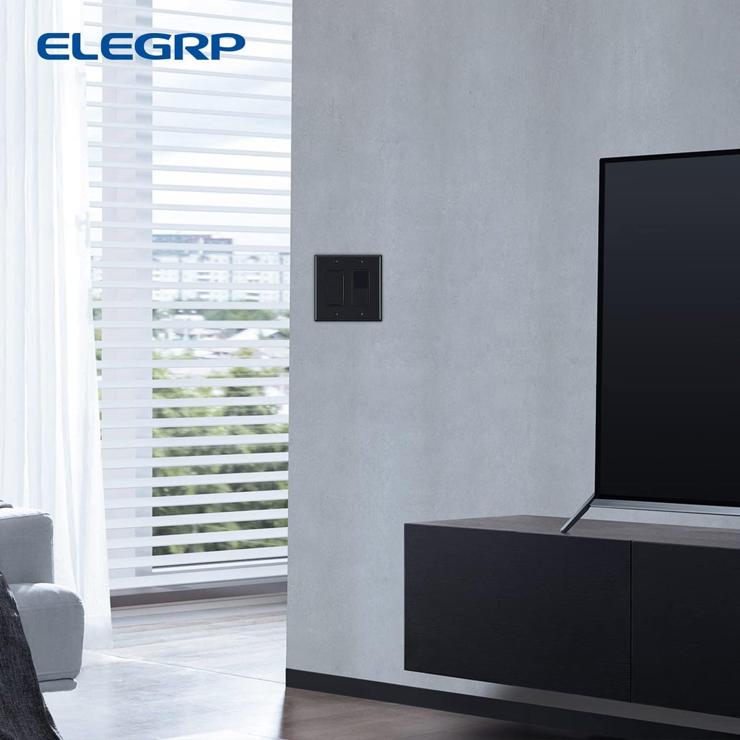 ELEGRP 2-Gang Decorative Wall Plates, Mid-Size 4.88" H x 4.94" L Unbreakable Thermoplastic Faceplate Cover for Decorator Receptacle Outlet Switch, UL Listed (2 Pack, Glossy Black)