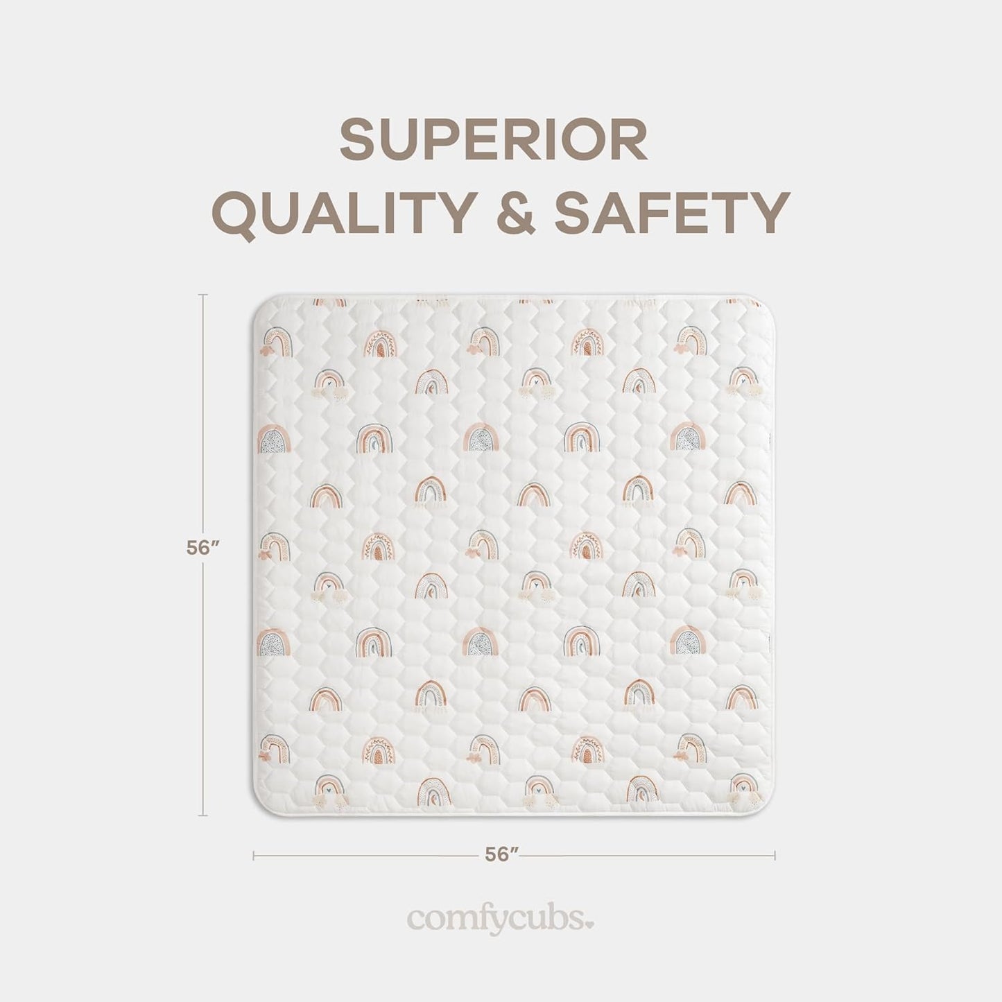 Comfy Cubs Square Kids Play Mat - 56 x 56 inches Soft Quilted Baby Floor Mat with Non-Slip Bottom - Plush Design for Toddlers' Playtime and Relaxation - Comfortable and Durable - Rainbow