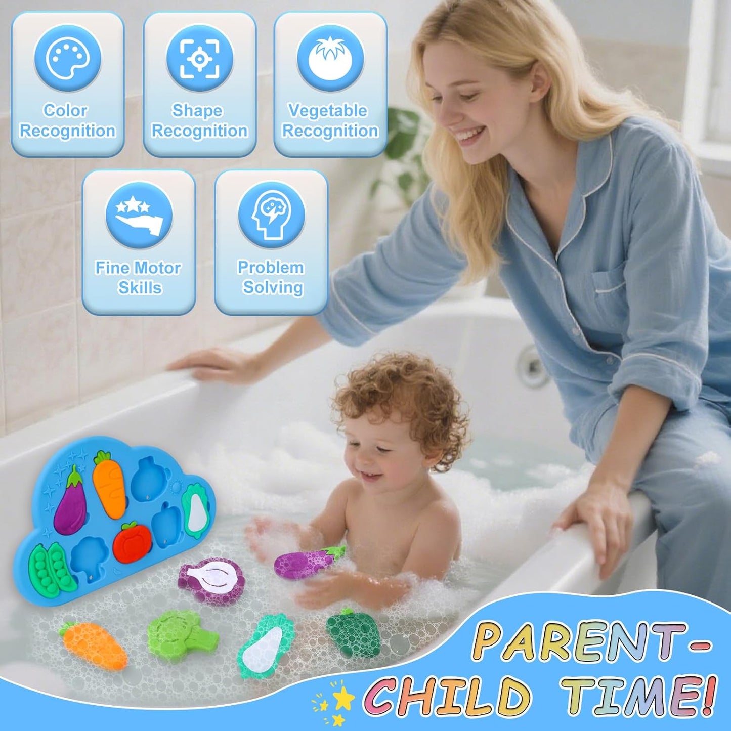 Baby Bath Toys, 100% Silcone Mold Free Vegetable Bath Toys, Soft Toddlers Floating Bathtub Toy, No Hole Tub Water Toys, Shape Sorting&Matching Educational Learning Toys Gift for Boys Girls Kids