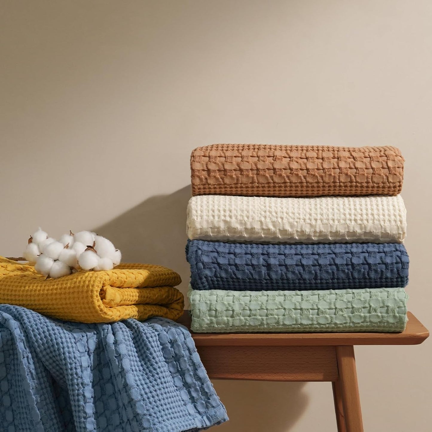 PHF 100% Cotton Waffle Weave Throw Blanket, Soft Lightweight Breathable Cozy Summer Throws for Couch Bed Sofa, Luxury Aesthetic Woven Blanket for Home Decor & Office, 50"x60", Camel