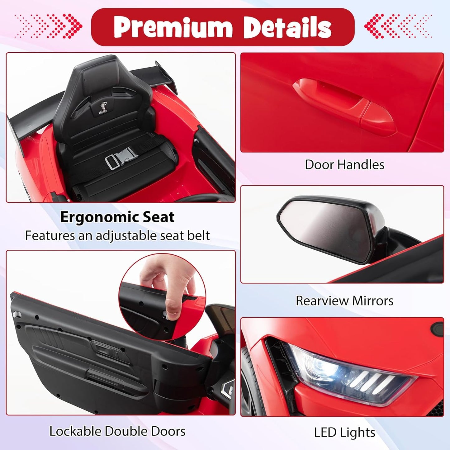 Costzon Ride on Car, 12V Licensed Ford Mustang Shelby GT500 Kids' Electric Vehicles w/Remote Control, USB Port, Radio, Music, Player, High Low Speed & Soft Start, Racing Kids Car for Toddlers (Red)