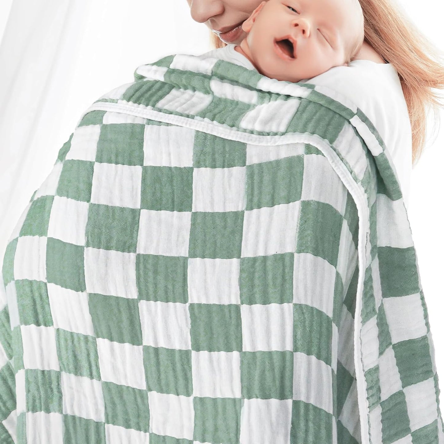 Muslin Baby Blanket Unisex Sage Green Checkerboard Toddler Blanket for Bed, 70% Cotton and 30% Rayon Breathable Swaddle Blankets for Newborn Infant 43 x 43 Inches