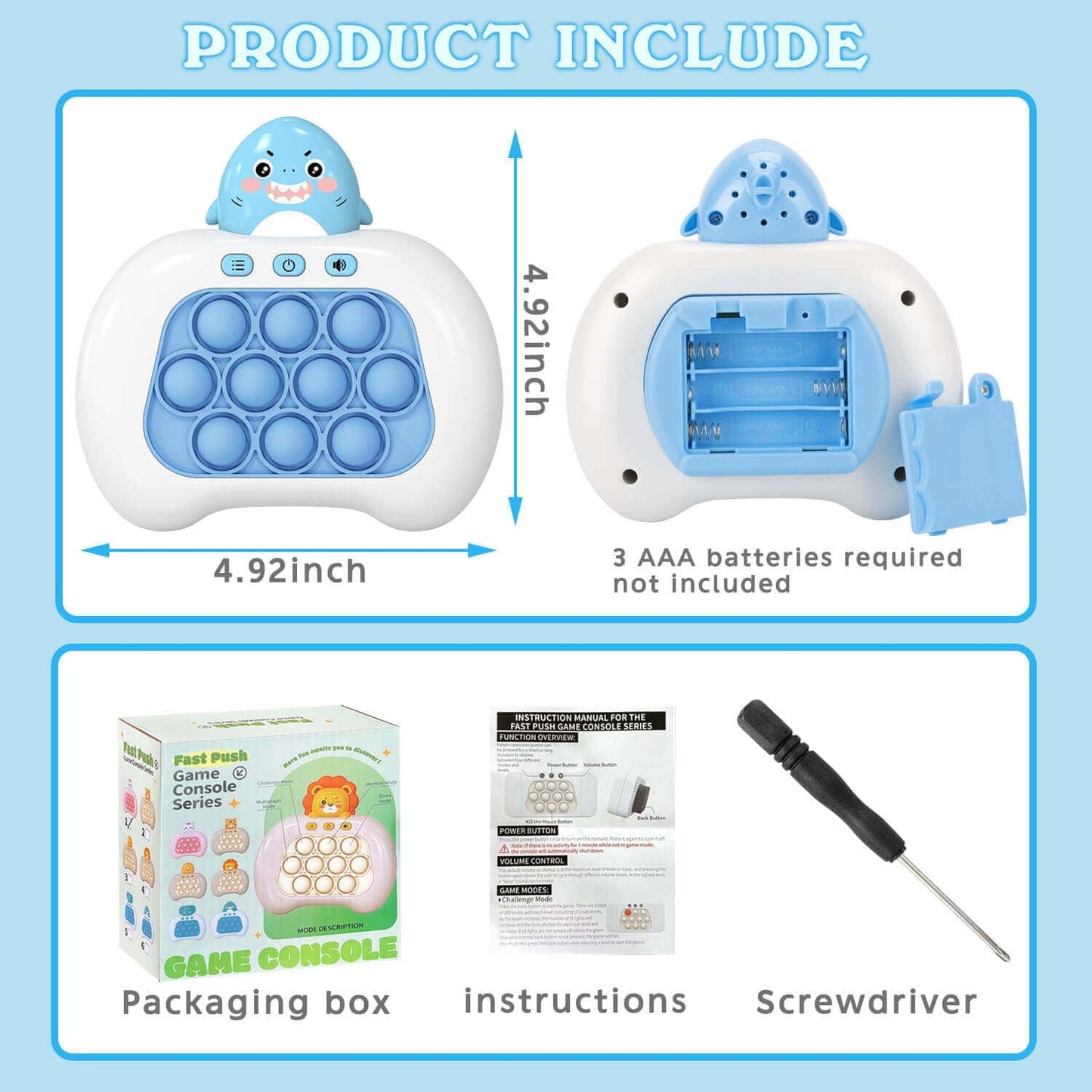 Fast Push Pop Game It Fidget Toys Pro for Kids Adults, Handheld Game Machine, Squeeze Poppet Sensory Electric Quick Push Bubble Toy, Birthday Gifts for Boys Girls Teens (Shark)