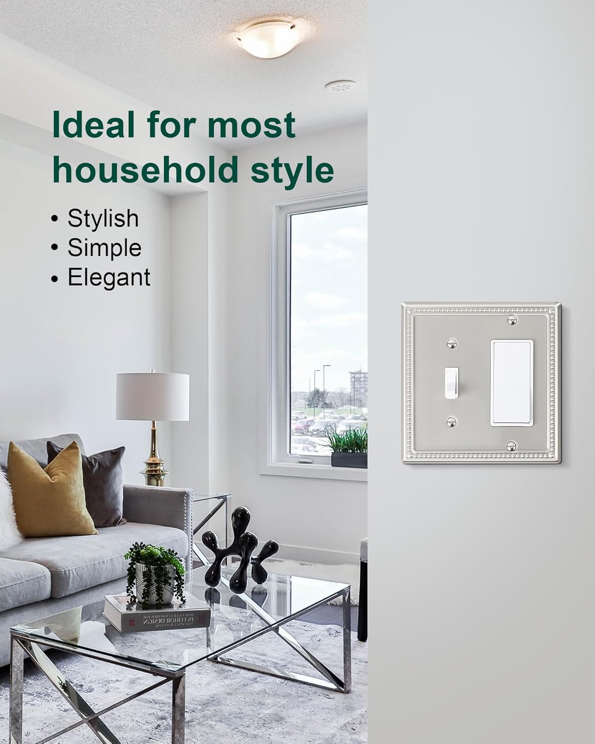 2-Pack Combo Toggle/Decorator Light Switch Cover Plate, Pearls Decorative Metal Wall Switch Plates and Outlet Covers, Brushed Nickel