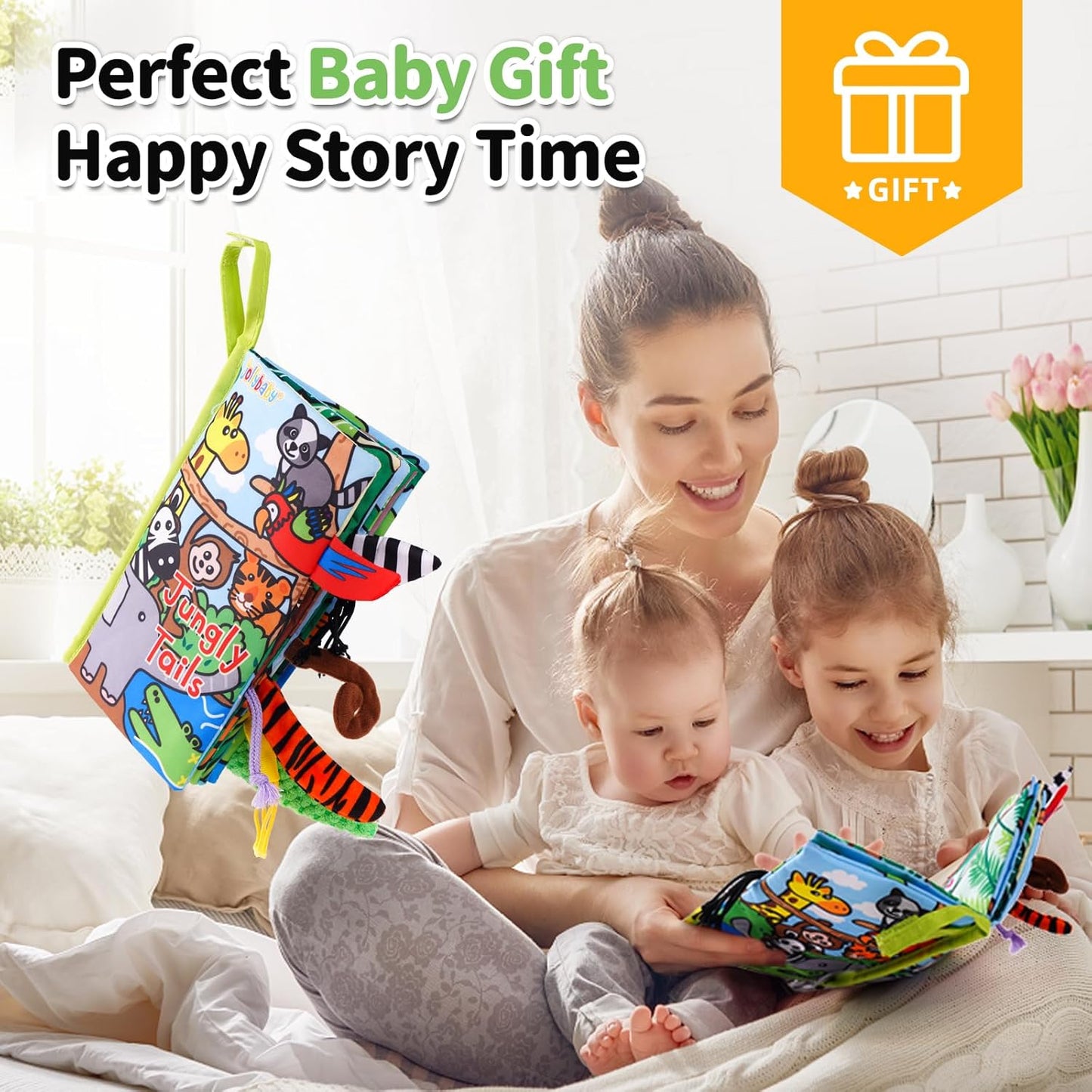 Jollybaby Crinkle Books for Babies, Sensory Soft Touch and Feel Baby Toys for 0-6 Months Infants, Newborn Montessori Early Educational Cloth Toys, Baby Girl & Boy Gift(Jungle Tails)