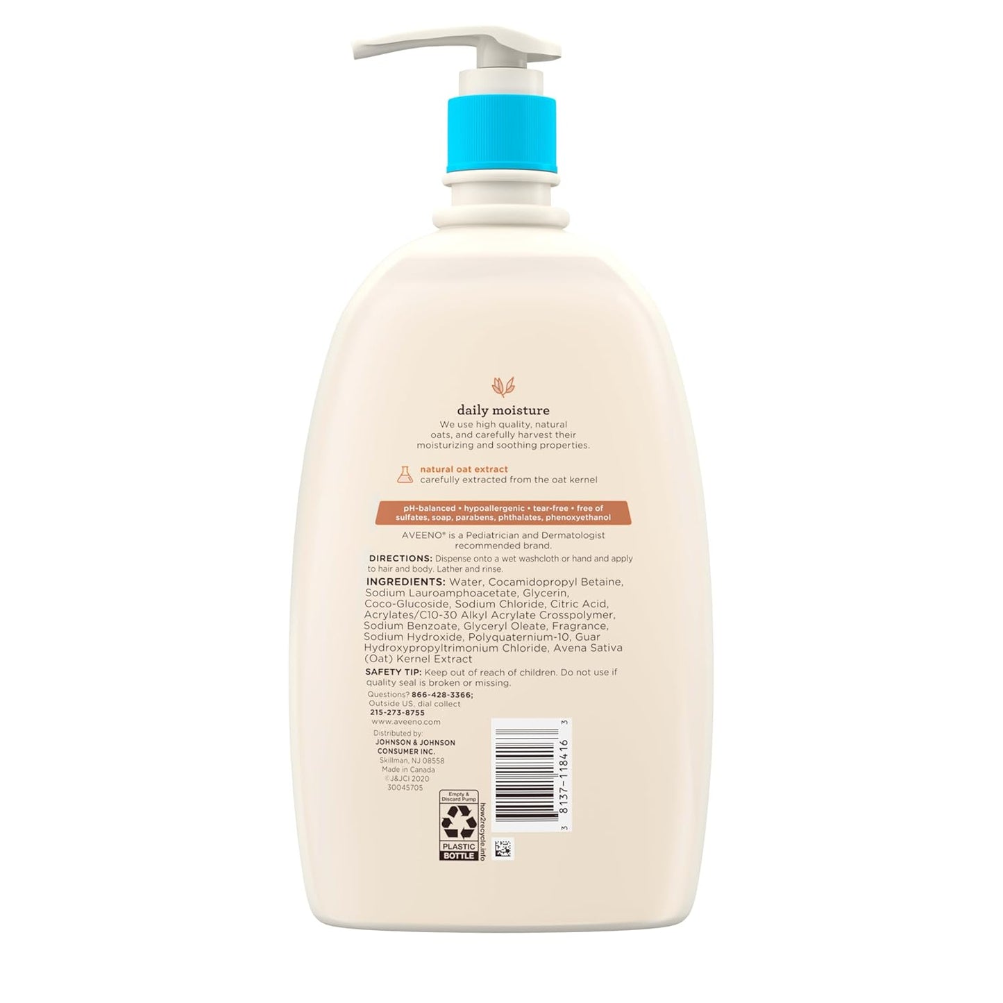 Aveeno Baby Daily Moisture Gentle Bath Wash & Shampoo with Natural Oat Extract, Hypoallergenic, Tear-Free & Paraben-Free Formula For Sensitive Hair & Skin, Lightly Scented, 33 fl. oz