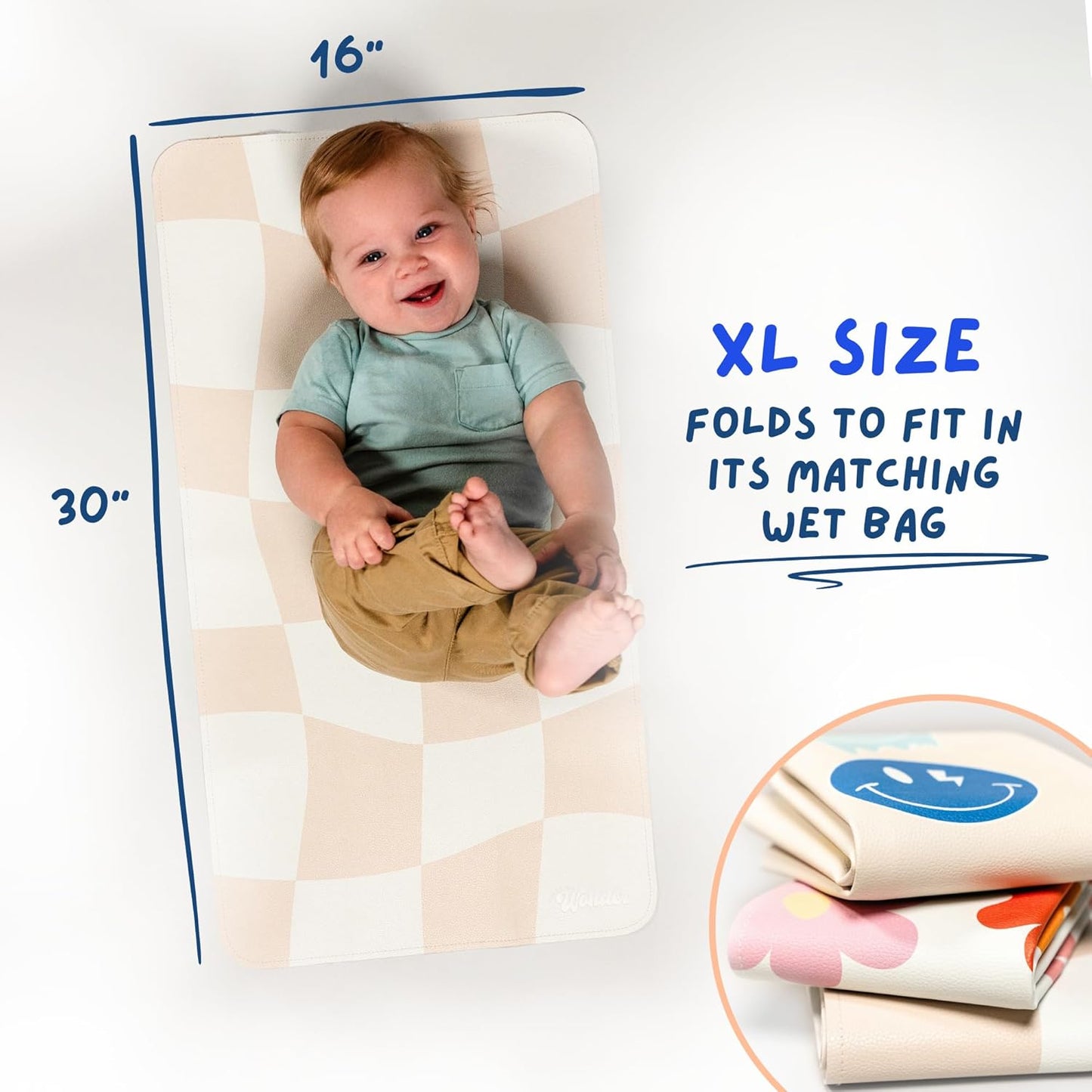 Leather Changing Mat with Reusable Waterproof Wet Bag, (16 x 30 Inches) Baby Changing Mat, Non-Toxic Changing Pad Portable Folds and Wipes Clean, Baby Changing Pad Travel (Checkered)
