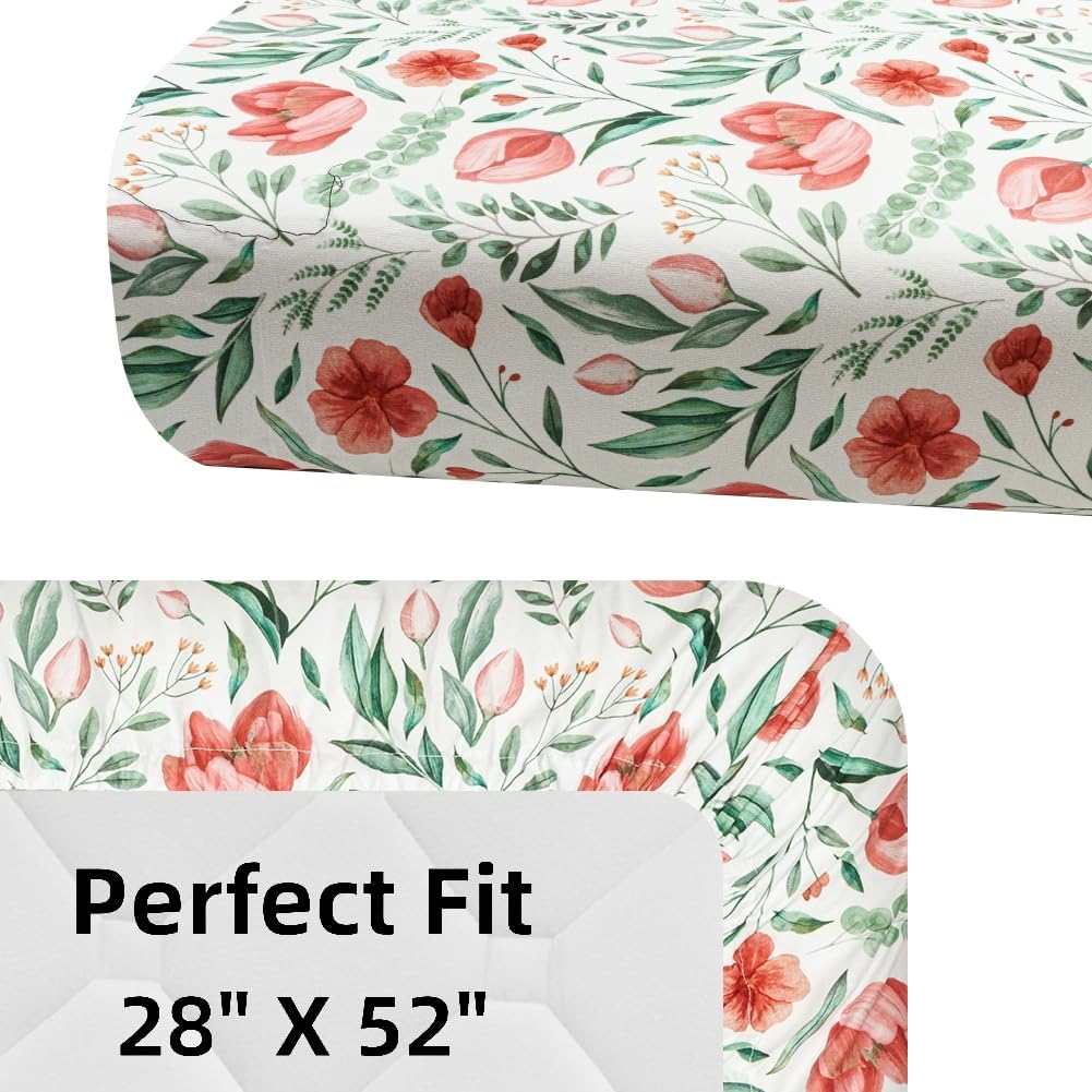 4 Pack Baby Girl Crib Sheets Set Soft Fitted Floral or Elephant Theme Baby Girl Mattress Covers Breathable Toddler Bed Sheets for Infant or Newborn Girls (Flower, Crib Sheets)