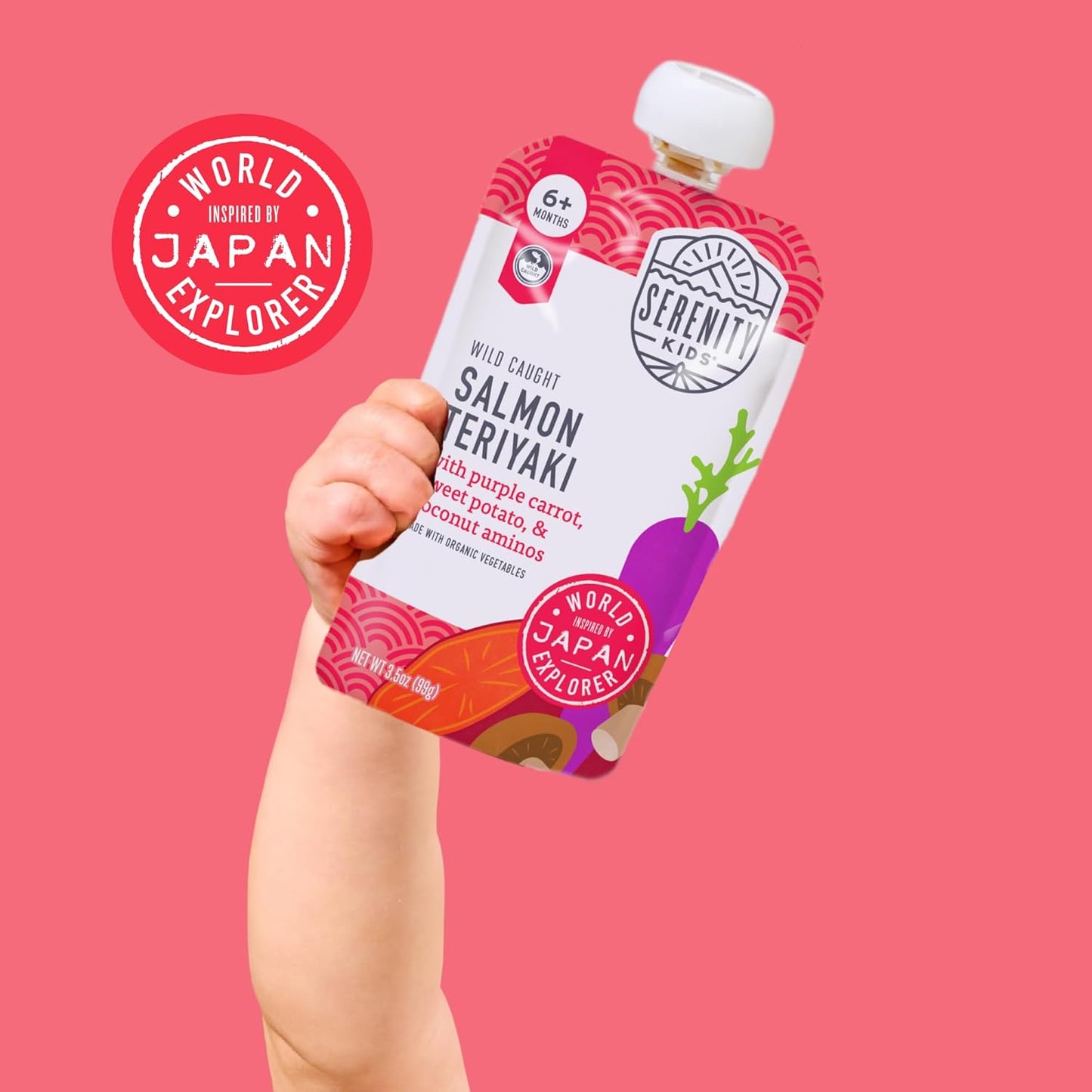 Serenity Kids 6+ Months Salmon Teriyaki Baby Food Puree Pouch - Organic Veggies & Ethically Sourced Salmon - No Added Sugar Baby Snacks - BPA-Free Pouches- 3.5 Oz, 6 Pack