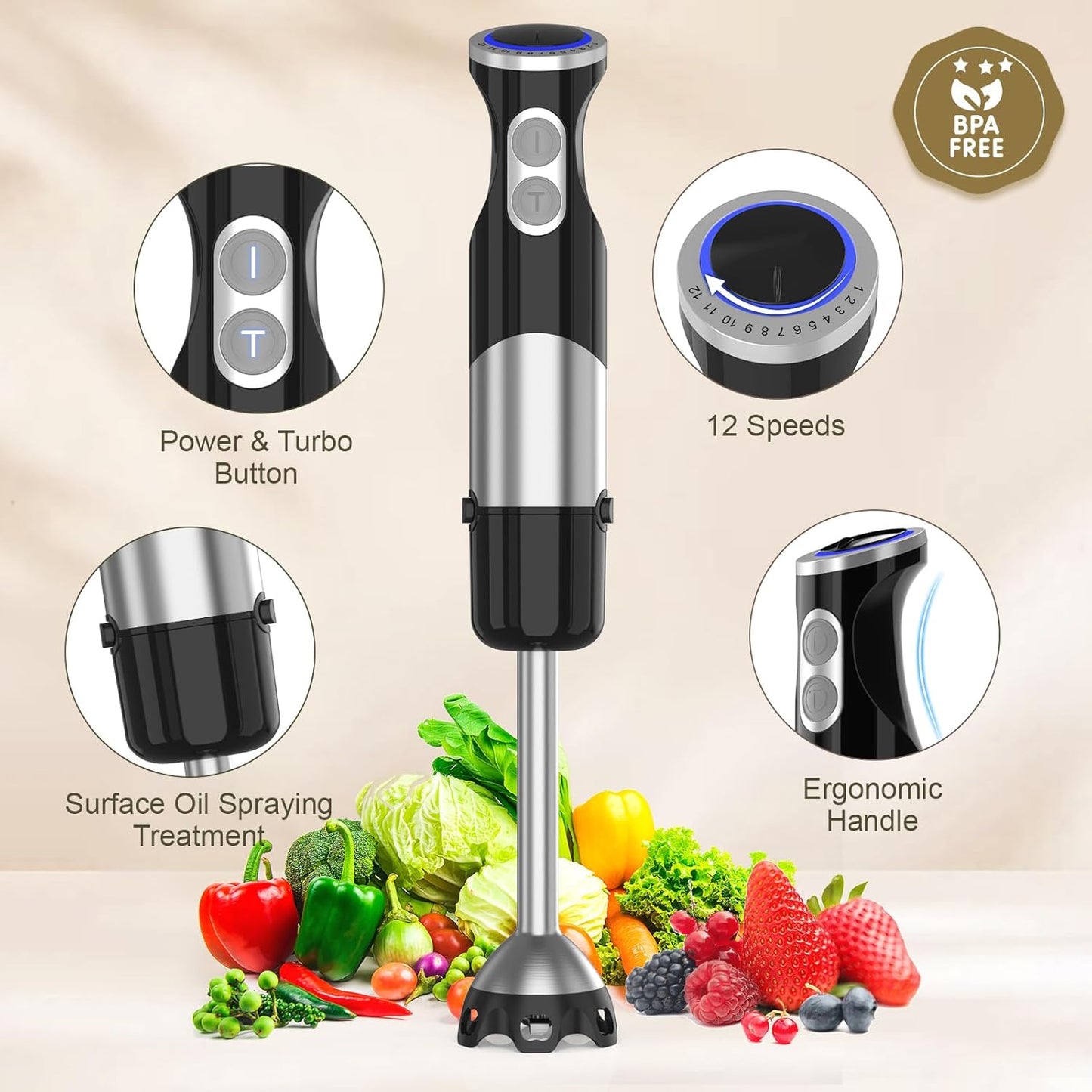 Immersion Blender Handheld 5 in 1-1100W Scratch Resistant Blender Stick, 12 Speed and Turbo Boost Hand Blender with Chopper Beaker Whisk and Milk Frother for Milkshake Puree Smoothie Food