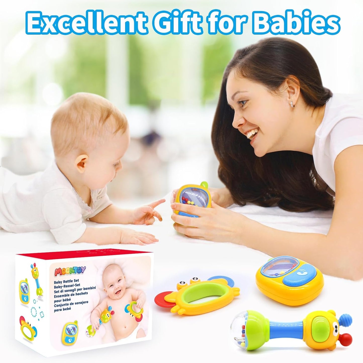 MOONTOY 3pcs Baby Rattles Toy Set, Baby Toys 0-6 Months Infant Toys 6-12 Months Teethers for Babies 3-6 Months Easter Basket Stuffers Gifts, Sensory Teething Toys 0 1 2 3 4 5 6 Month Newborn Boy Girl