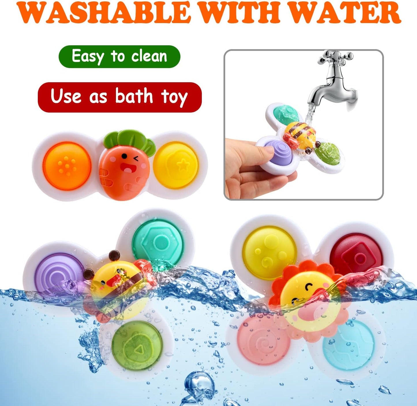 Suction Cup Spinner Toys for Baby, Pop it Fidget Toys for 1-3 Toddlers Gifts Spinning Top Sensory Toy Bath Toys Birthday Gifts for Boy Girl (3 Pcs)