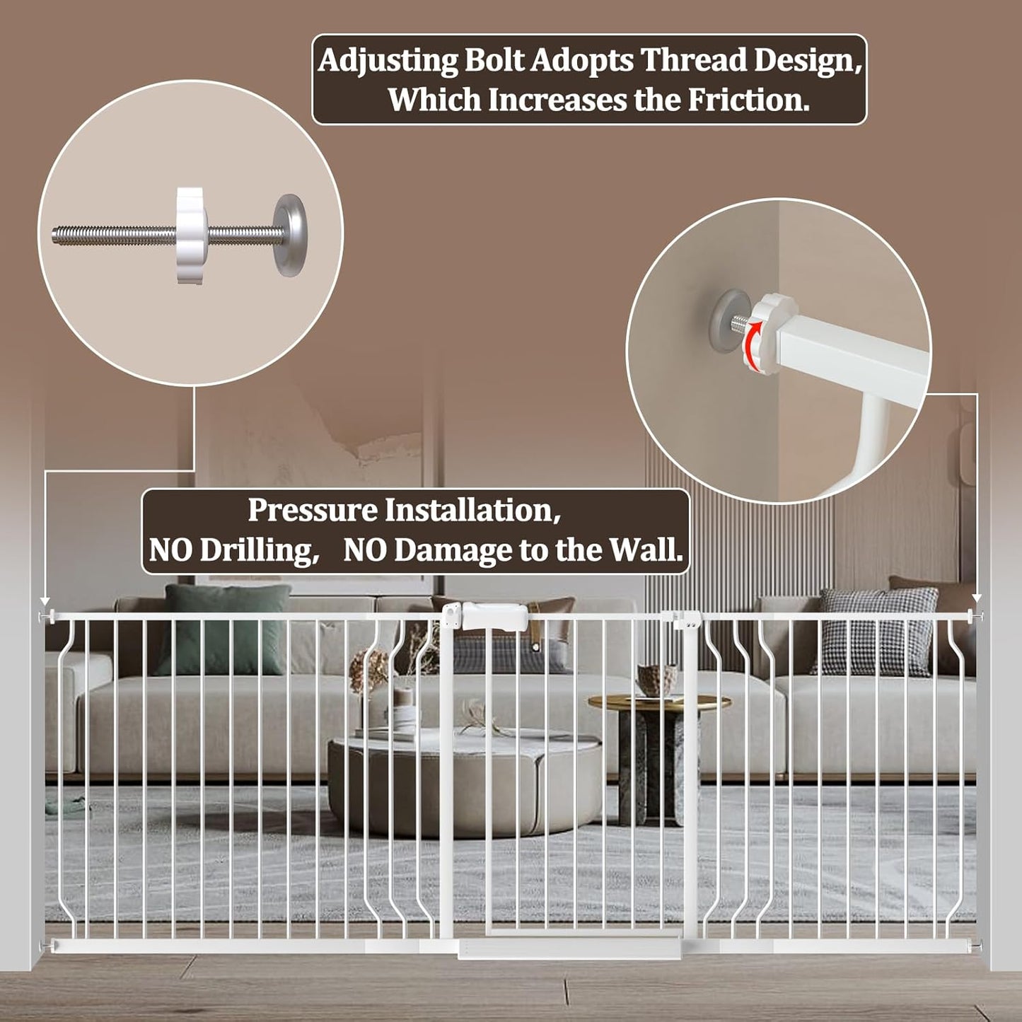 WAOWAO Baby Gate 85.83-95.25" Extra Wide Pressure Mounted Walk Through Swing Auto Close Safety White Metal Toddler Kids Child Dog Pet Puppy for Stairs,Doorways,Kitchen