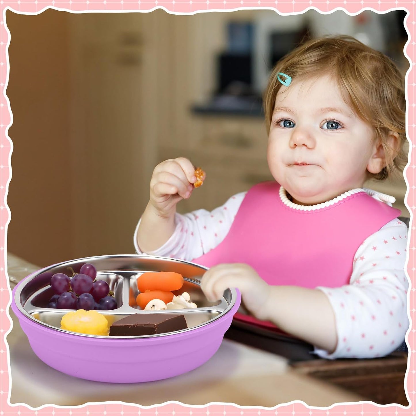 Nuogo 3 Pcs Stainless Steel Baby Suction Plates with Removable Silicone Shell 2-in-1 Metal Toddler Bowl Divided for Picky Eaters Kid Feeding Led Weaning Supply, Dishwasher Safe (Red Series)