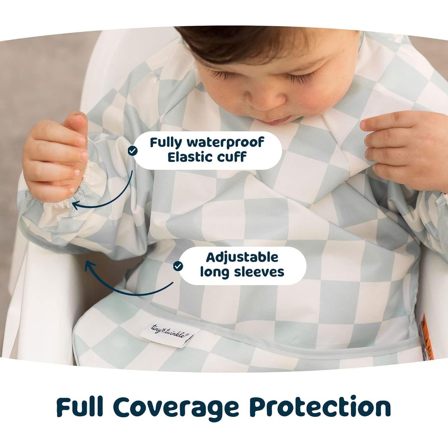 Tiny Twinkle Mess Proof Baby Bib,Waterproof Smock Baby Bib for Eating,Machine Washable Long Sleeve Bib,Baby Led Weaning,Toddler Bib (Checkers Sage, Large 2-4 Years)