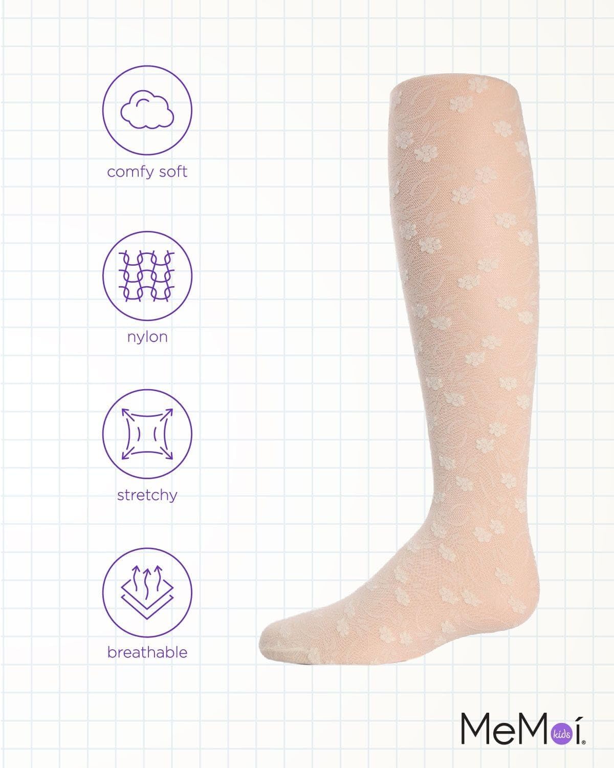 MeMoi Sweet Blossoms Sheer Tights for Girls, Ultra Soft and Lightweight Floral Lace Girls Tights - Sizes 2-14