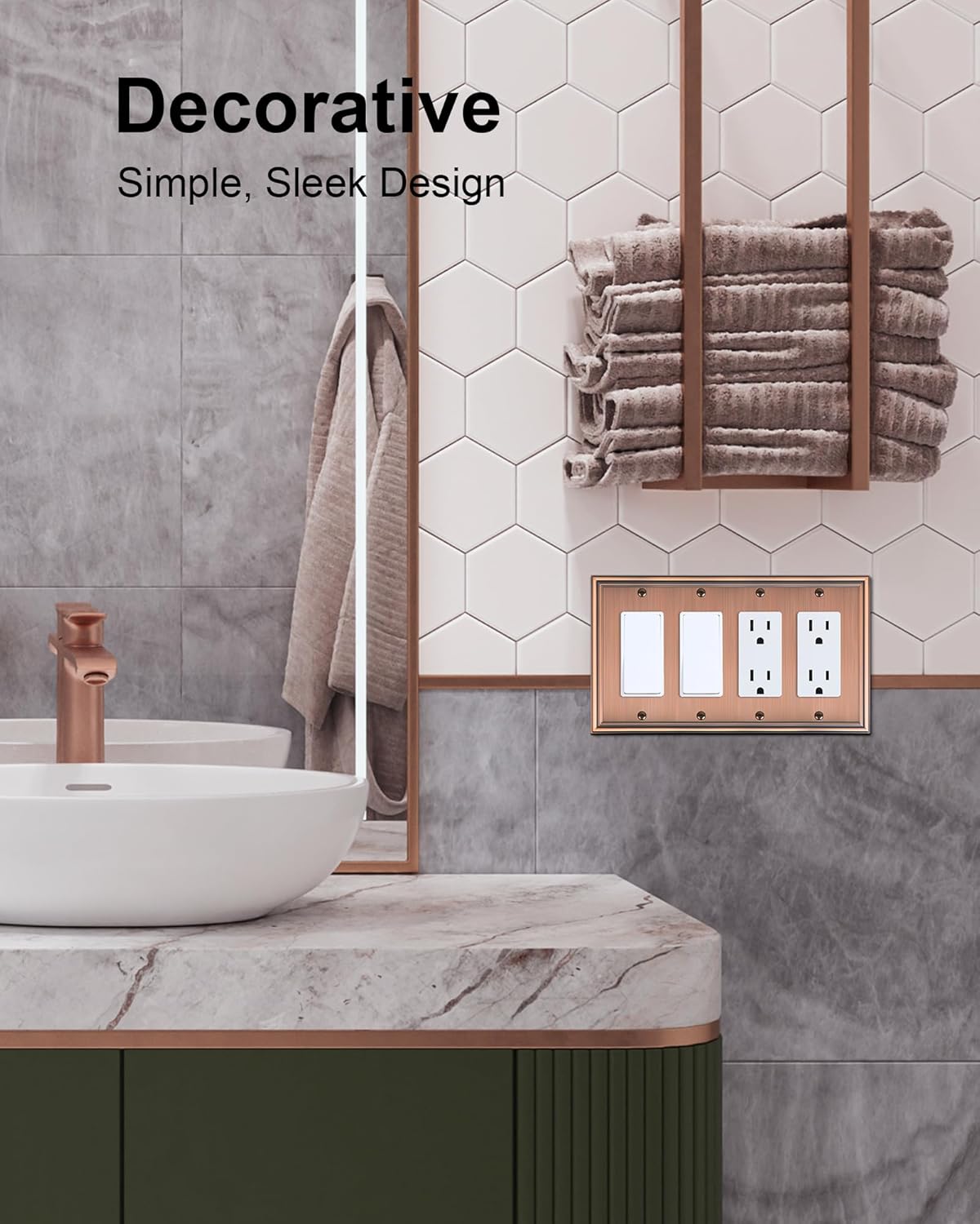 2-Pack Quad Decorator Outlet Cover Plate, Zinc Alloy Antique Copper Switch Plates and Outlet Covers, 4 Gang Wall Plates for Electrical Outlets, Receptacle, GFCI Outlet, Dimmer Switch