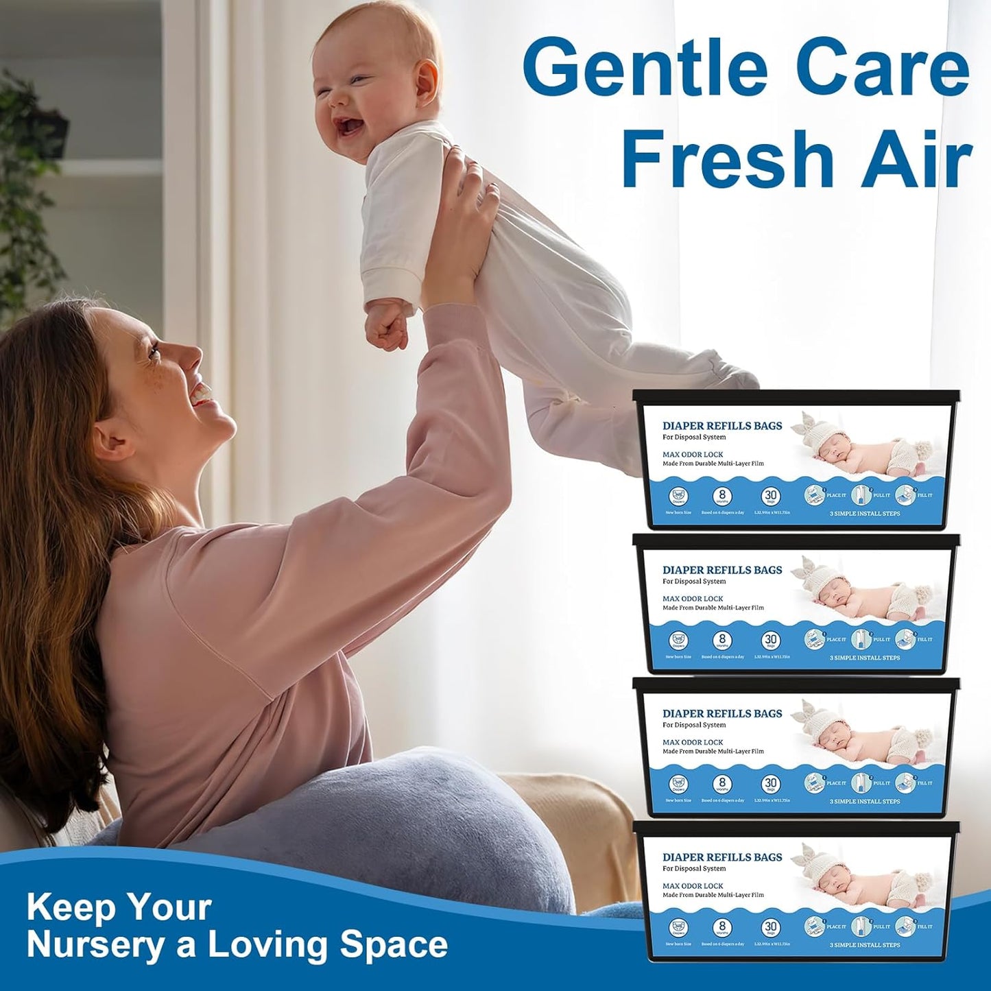 Diaper Refill Bags Compatible with Genie Easy Roll & Platinum Diaper Pails, 7-Layer Odor Control, Extra Thick, 4-pack (120 Bags), Holds up to 5600 Newborn Diapers