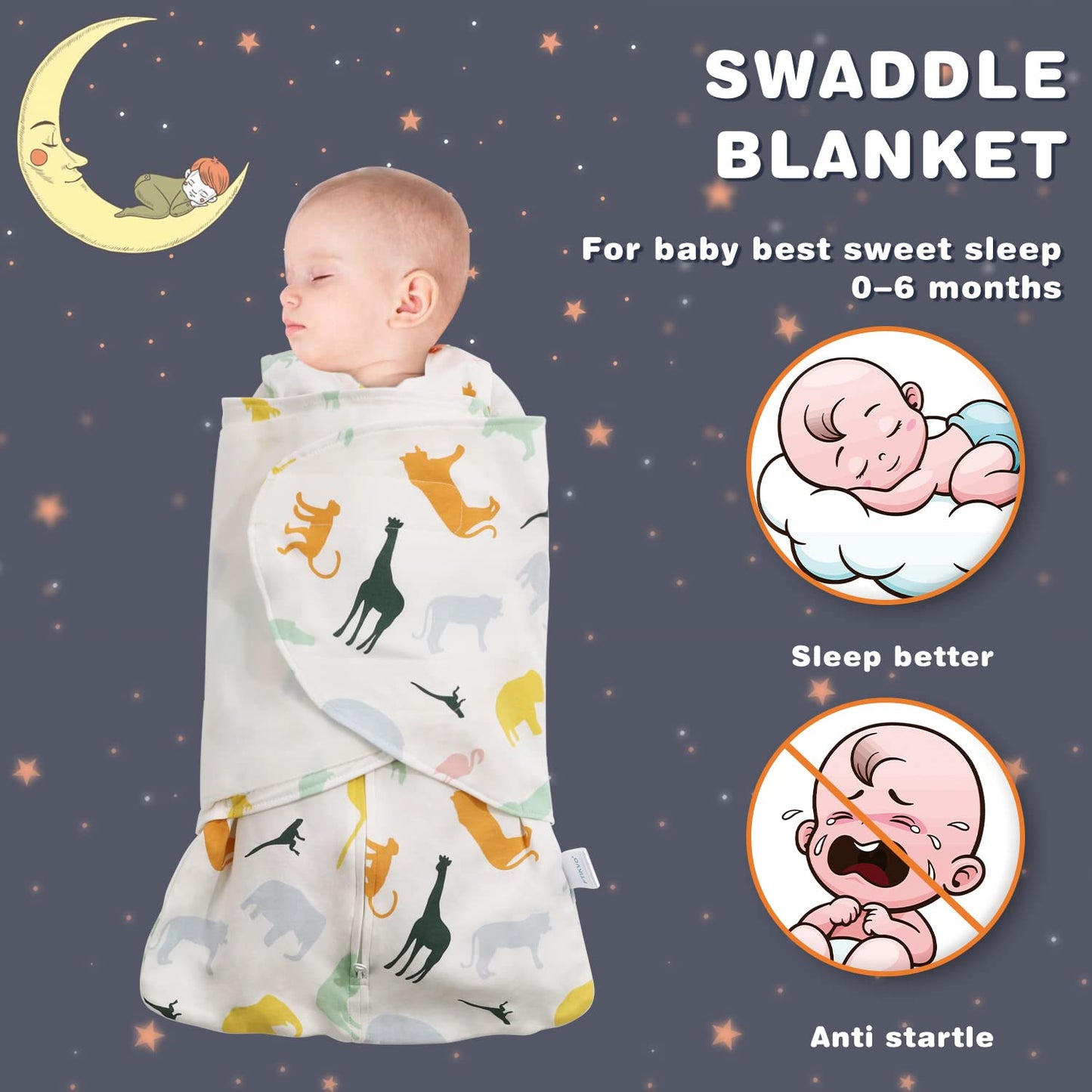 Swaddle-Blanket Baby Girl & Boy Swaddles Newborn Infant Transition 100% Cotton Wrap Blankets, 3-Way Adjustable Wearable Blanket, TOG 1.0 (Colorful Zoo, 3-6 Month)