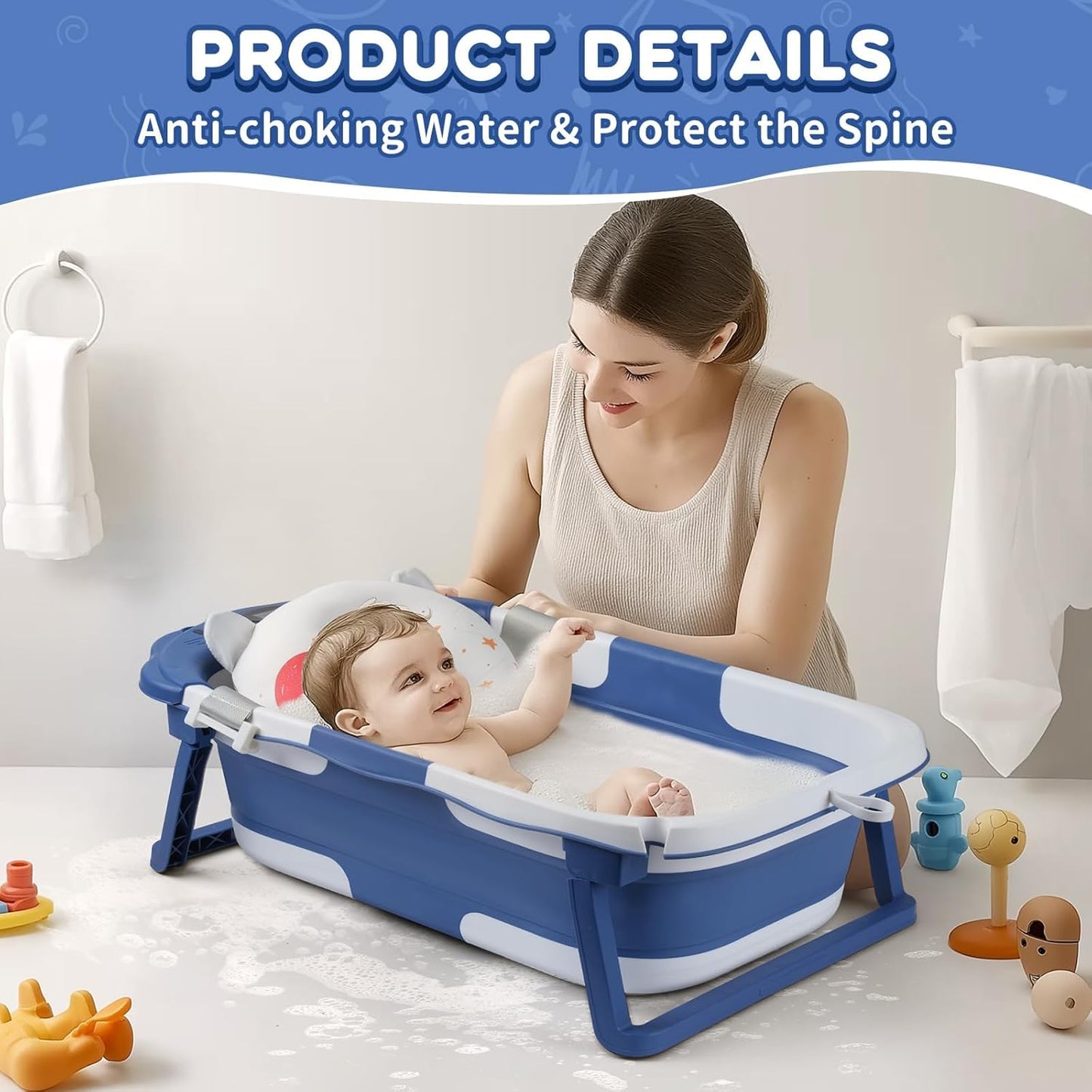 Baby Bathtub,Collapsible Baby Bath Tub with Thermometer & Soft Floating Cushion,Portable Travel Baby Bathtubs for Newborns to Toddlers 0-36 Months(Bear Blue)