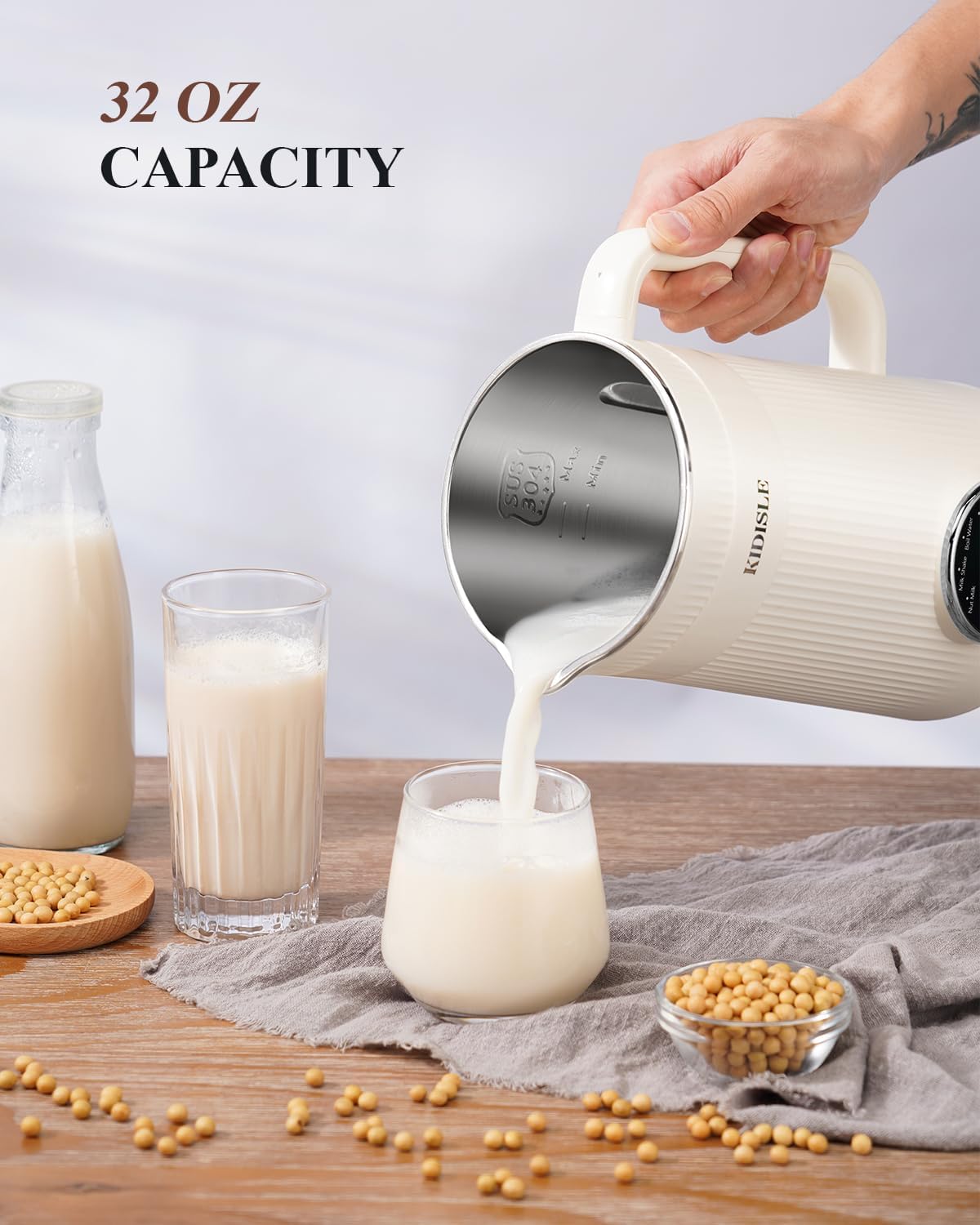 8 in 1 Nut Milk Maker Blender, 32oz Homemade Soy, Almond, Oat, Coconut, Plant Based and Non Dairy Beverages, Automatic Soybean Machine With Delay Start/Keep Warm/Boil Water, Cream
