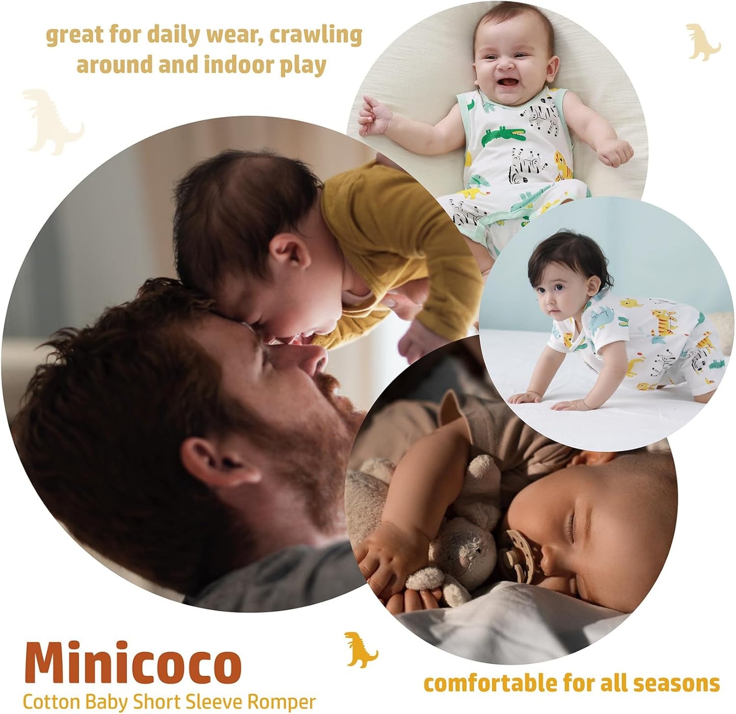 3-Pack 100% Cotton Baby Boy Rompers,0-24Months Short Sleeve Toddler Romper,Breathable Spring/Summer Clothes