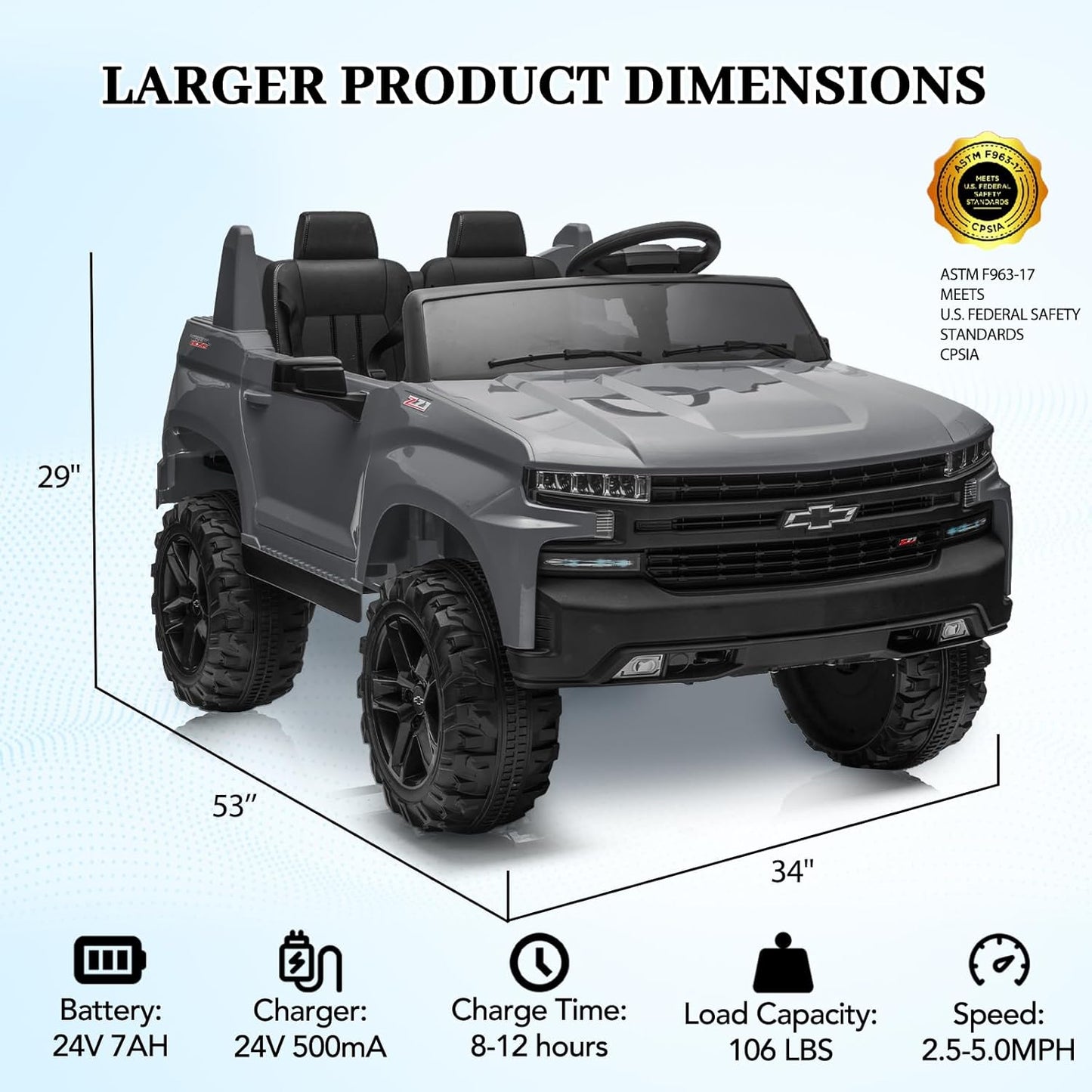 Hetoy 24V 2-Seater Truck Licensed Chevrolet Silverado Ride On Car Toy w/Parent Remote Control,4xSpring Suspension, 3 Speeds, Wireless Music, MP3 Player, Electric Vehicle Car for Kids,Grey
