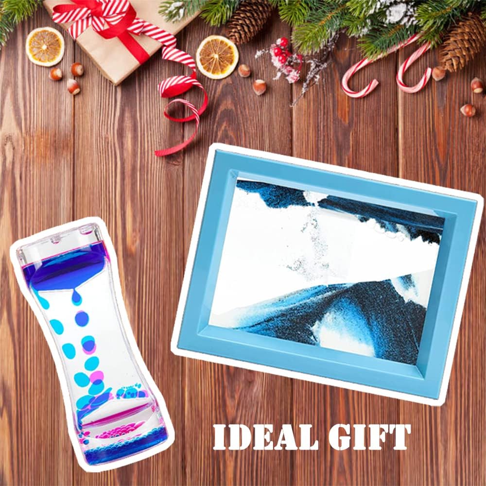 Moving Sand Art Picture and Liquid Motion Bubbler for Sensory Play Calm Stress Relief Fidget ADHD Anxiety Autism Activity for Children Kid Adult Home Office Desk Decor Birthday, Blue