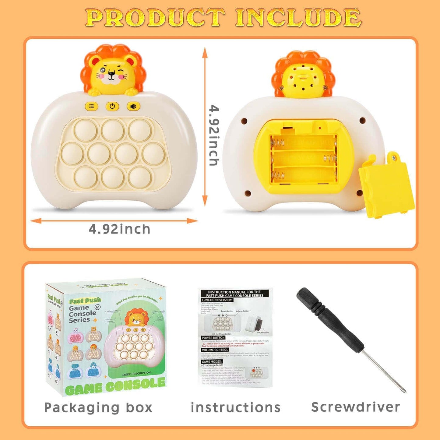 Fast Push Pop Game It Fidget Toys Pro for Kids Adults, Handheld Game Machine, Squeeze Poppet Sensory Electric Quick Push Bubble Toy, Birthday Gifts for Boys Girls Teens (Lion)