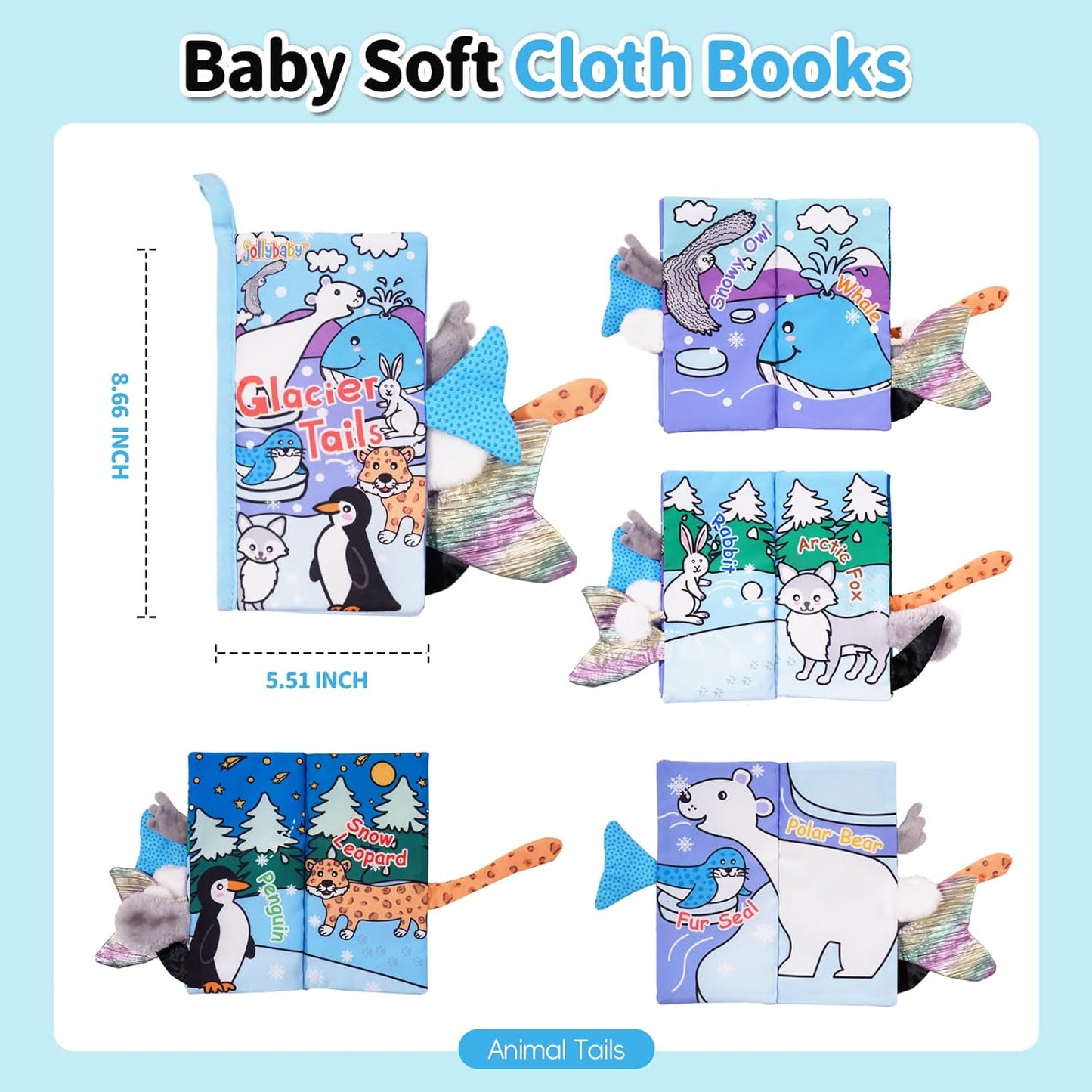 Jollybaby Baby Cloth Books, Touch & Feel Crinkle Soft Books, for Infants Babies, Toddler Early Educational Interactive Stroller Toys, Baby Girl & Boy Gift(Glacier Tails)
