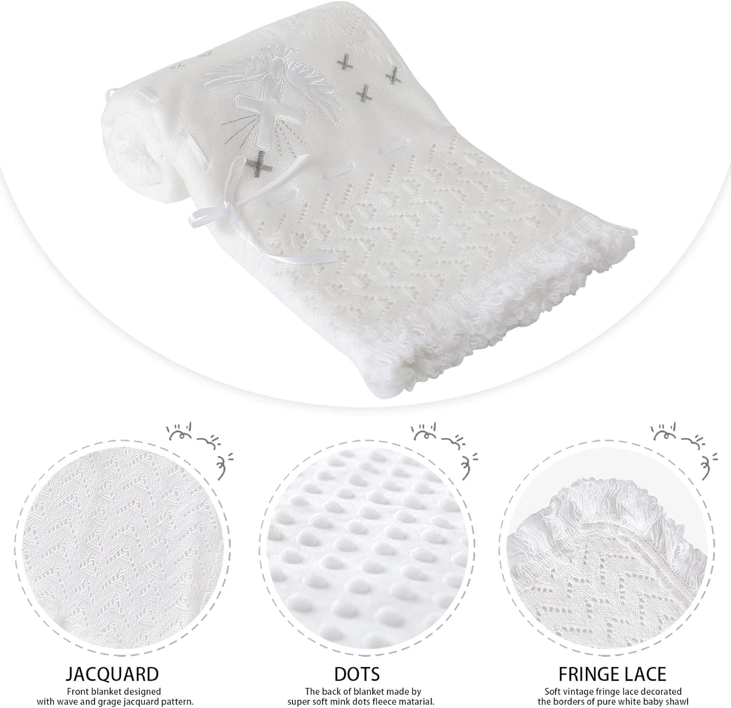 Booulfi Baby Christening Blanket Newborn White Baby Blanket Shawl Neutral Knitted Baptism Blankets for Babies Fleece Lined Winter Warm Blankets,Size 37x39 “