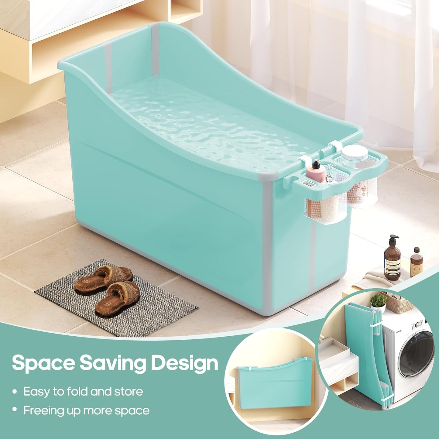 Collapsible Baby Bathtub Foldable Bathtub for Toddler Portable Large Foldable Bath Tub Bathtub for Kids Petite with Thermometer and Storage Basket (Green)