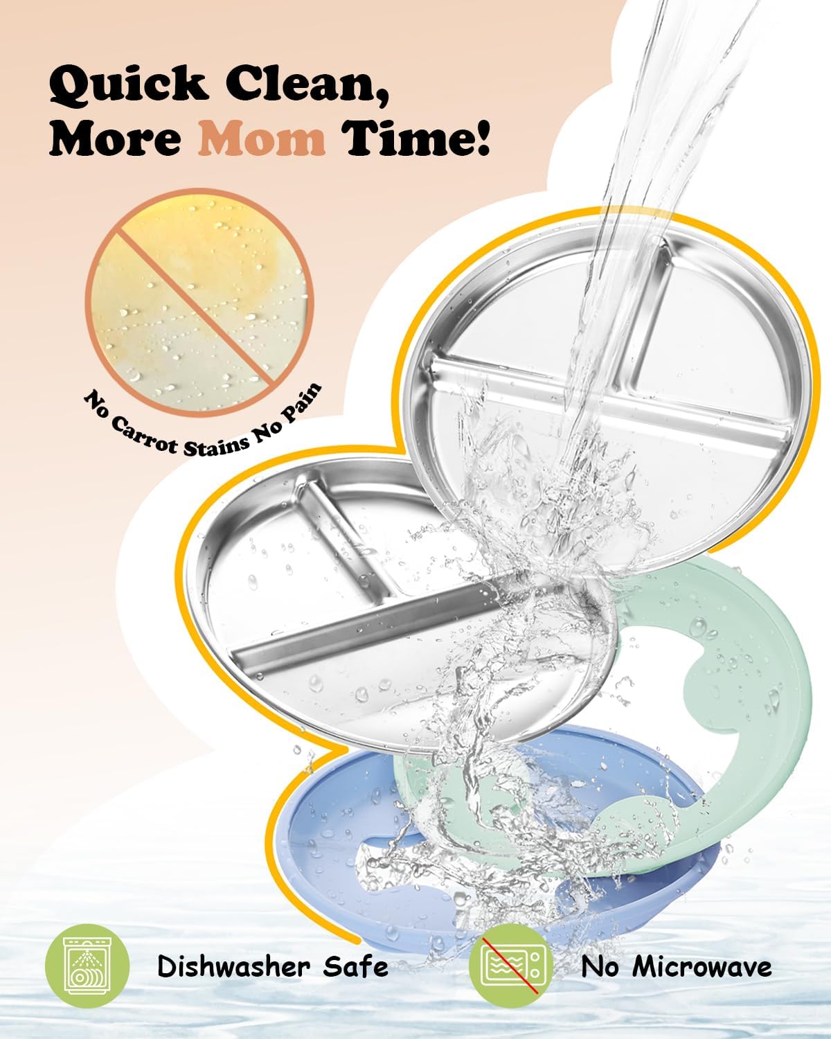 Stainless Steel Toddler Plate with Suction, 8” Divided Plates with Removable Silicone Sleeves for Baby, Non Toxic Unbreakable Kids Snack Dishes Set of 4, Sage Blue Beige Lilac