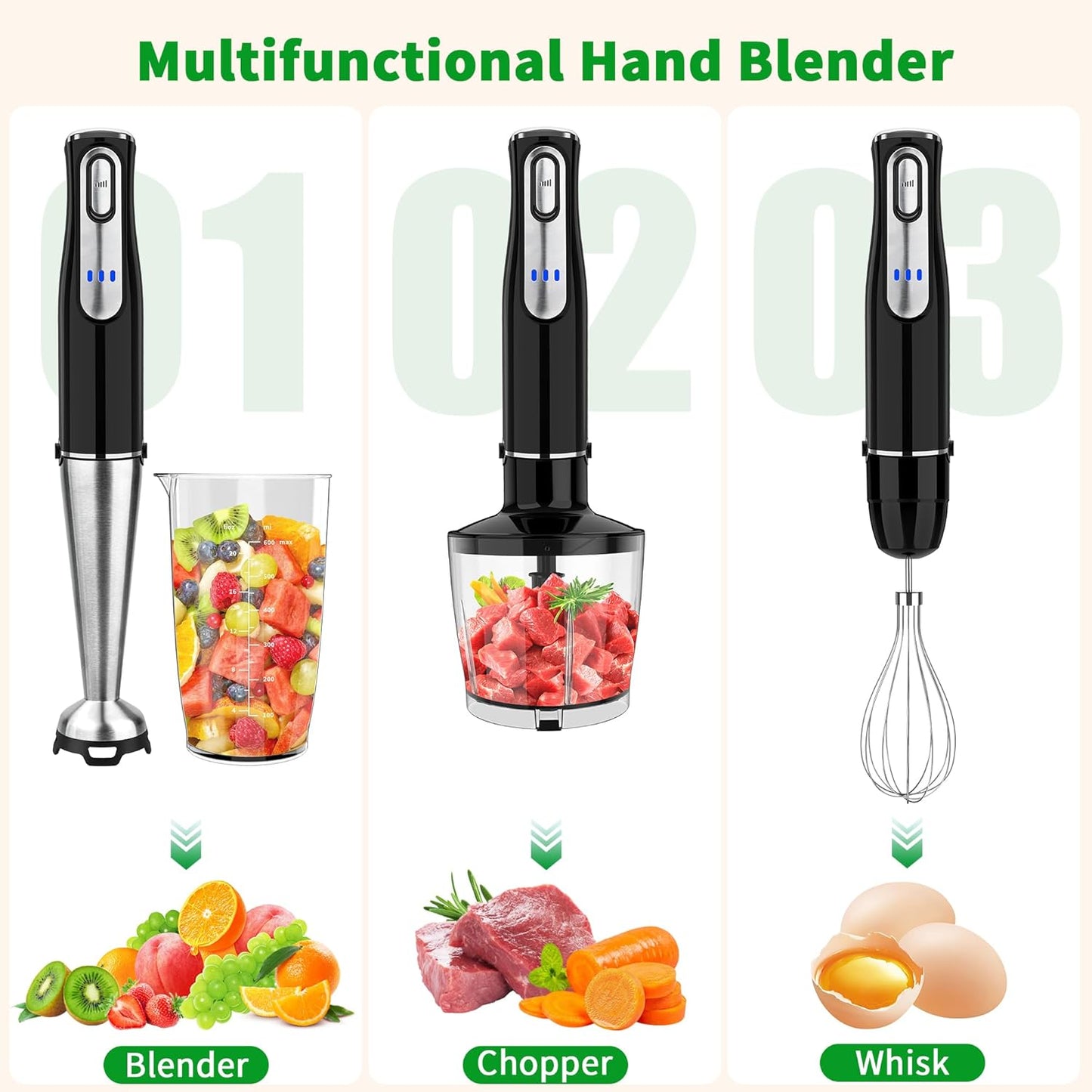 Cordless Immersion Blender Handheld, Rechargeable 4 In 1 Electric Hand Blender Stick Blender Variable Speed with Chopper, Beaker, Whisk, Stainless Steel Blade for Soup, Baby Food, Smoothies
