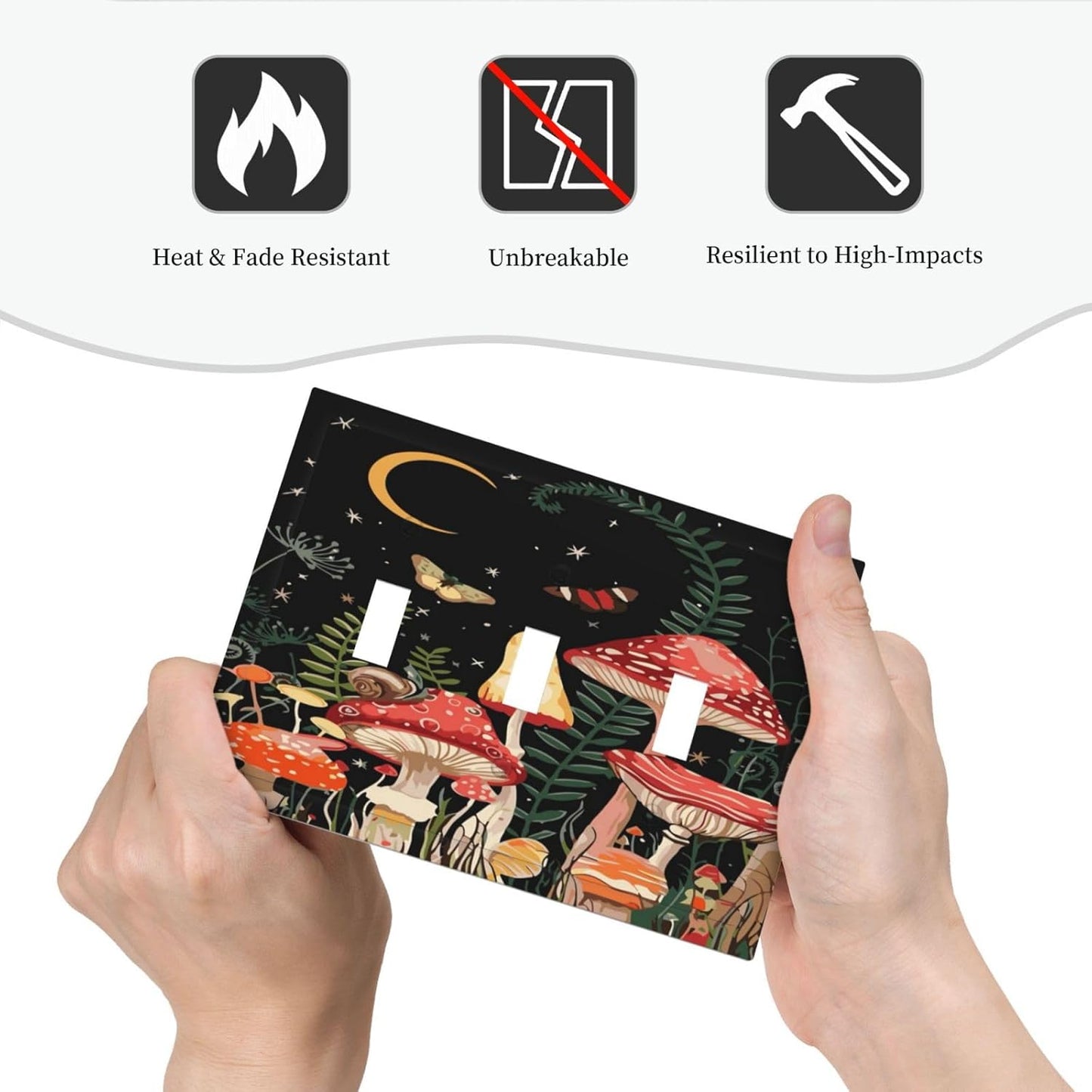 Moon Star Red Mushroom Forest Butterfly Green Plant Decorative Switch Plates 3 Gang Wall Plate Triple Toggle Light Switch Cover Faceplate Electrical Wall Panels for Kids Room Home Decor